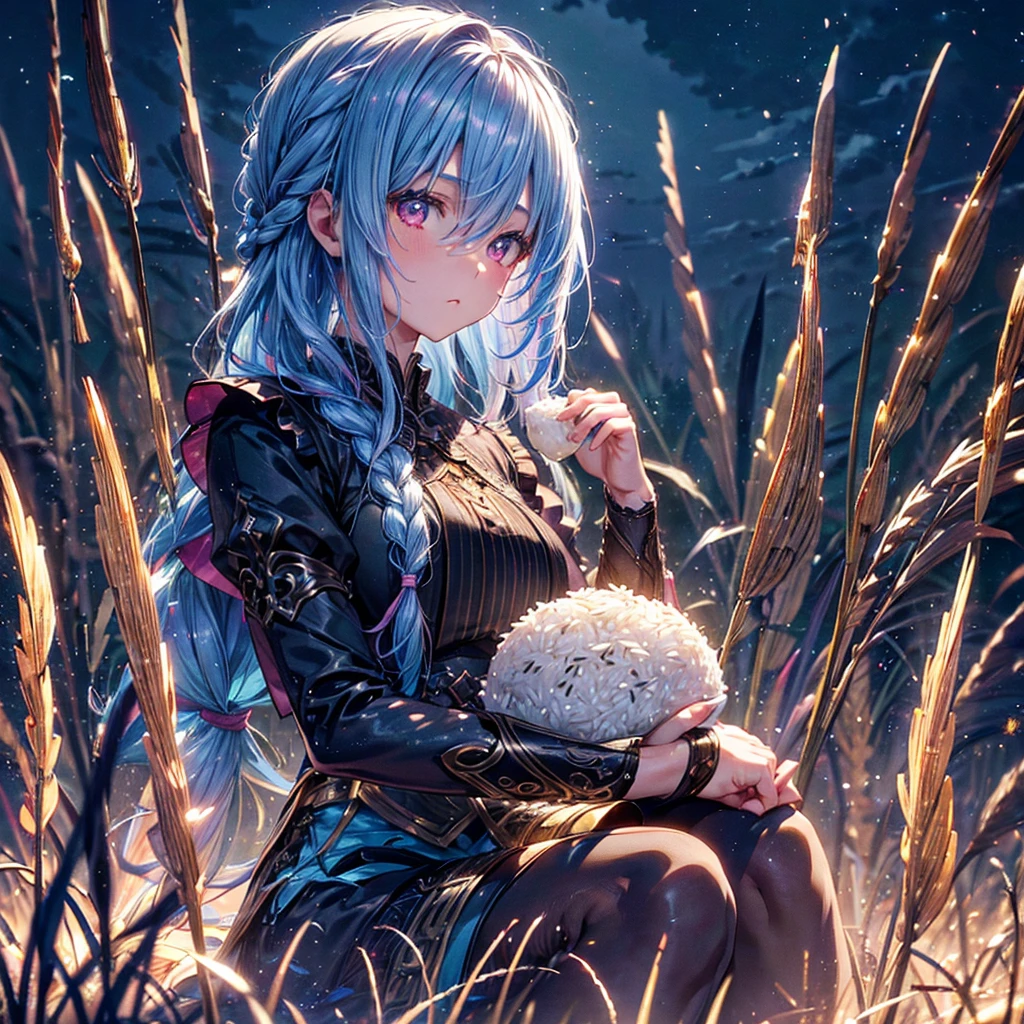 Sky blue hair, (Braided medium hair), (Pink eyes),Fair skin)  ,(whole body),(One Girl),(harvest moon),(A large amount of Miscanthus sinensis in the background),(full moon),(masterpiece, Highest quality, Very detailed, Best Shadow), (Detailed Background), (Beautifully detailed face), High Contrast, (Best lighting, Very delicate and beautiful), ((Cinematic Light)), Hyper Detail,8k, Dramatic Light, Intricate details,(sitting down to eat rice dumplings)