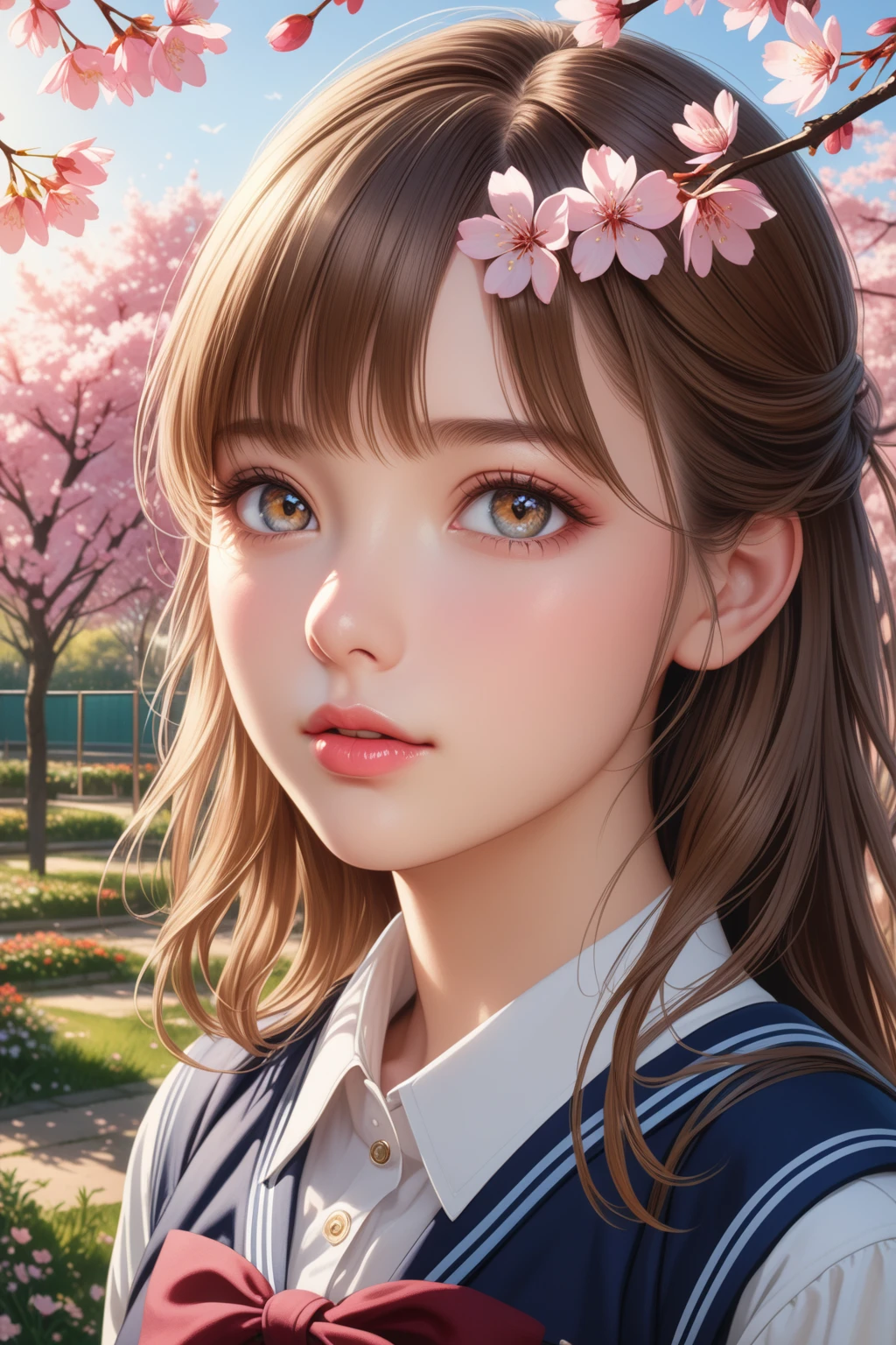 a school girl, 1girl, school uniform, cute, beautiful detailed eyes, beautifully detailed lips, extremely detailed eyes and face, long eyelashes, realistic, photorealistic, photo-realistic:1.37, best quality, 4k, 8k, high res, masterpiece:1.2, ultra-detailed, realistic lighting, realistic textures, highly detailed, intricate details, delicate features, natural expression, soft lighting, warm colors, natural setting, outdoor environment, school garden, sakura trees, blossoming flowers, sunlight, peaceful atmosphere