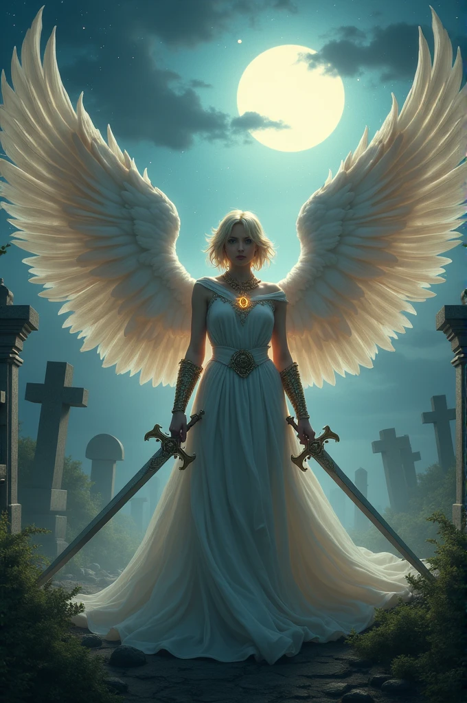 a model shot, aasimar, female, paladin, holy warrior, spread large feathered wings, (wings sprouting from the back: 1.3), majestic wings, white angelic wings spread (Masterpiece, intense details: 1.5), moon light, moon, stars, clouds, holy symbol, armed with sword, short blond hair, dark fantasy cemetery background, anatomically correct (Masterpiece 1.3, intense details), angel_wings, determined face, god rays, cinematic lighting, glowing light, silhouette, from outside, photorealism, panoramic view (Masterpiece 1.3, intense details) , Wide-Angle, Ultra-Wide Angle, 16k, highres, best quality, high details, 16K, ultra detailed, masterpiece, best quality, (extremely detailed), arafed, dnd art, portrait, full body,
