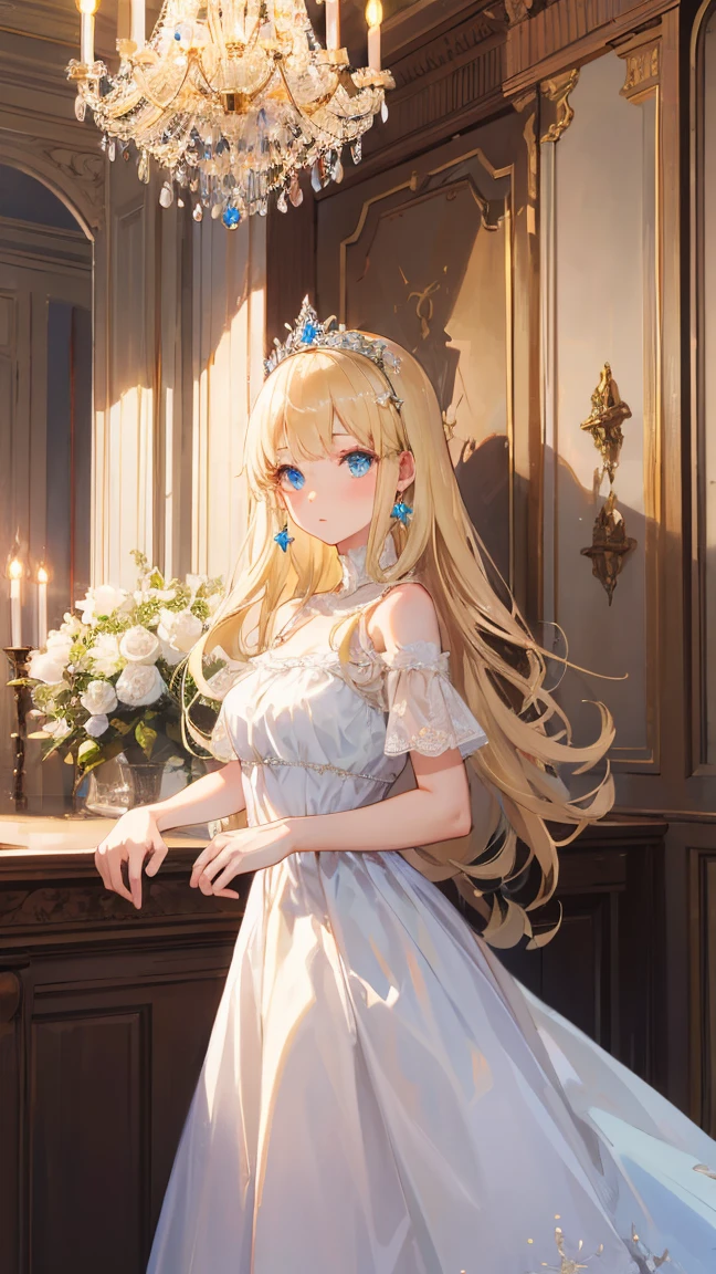 masterpiece,Highest quality,One Woman,Princess,Princess,Western-style castle,chandelier,Western-style interior,blonde,Long Hair,Long Hair,Black Hair,White skin,blue eyes,Big eyes,Green Dress,tiara,confident eyes,beauty,beautiful