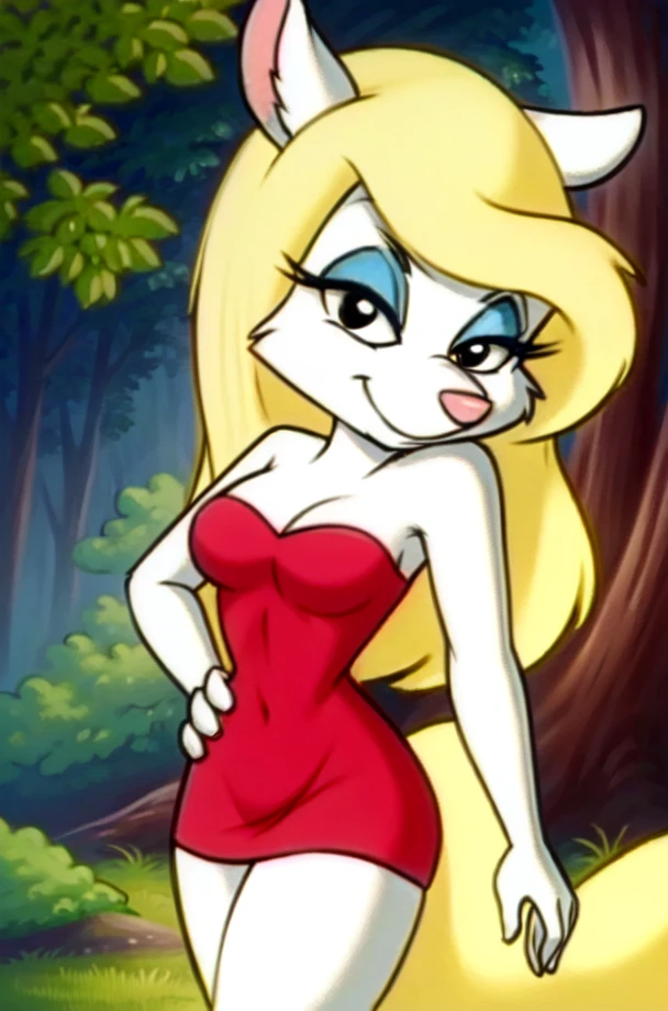 1girl, MinervaMinkCzar,(furry, furry female, full body), (animal ears, long tail, blonde tail, snout, swept bangs, blonde hair, makeup, black eyes, blue eyeshadow), (red dress, standing, seductive), (outdoors, forest background), (masterpiece:1.2), hires, (detailed face:1.2), (detailed eyes:1.2), perfect skin, ultra-high resolution, 8K, high quality, (sharp focus:1.2), clean, crisp, cinematic,