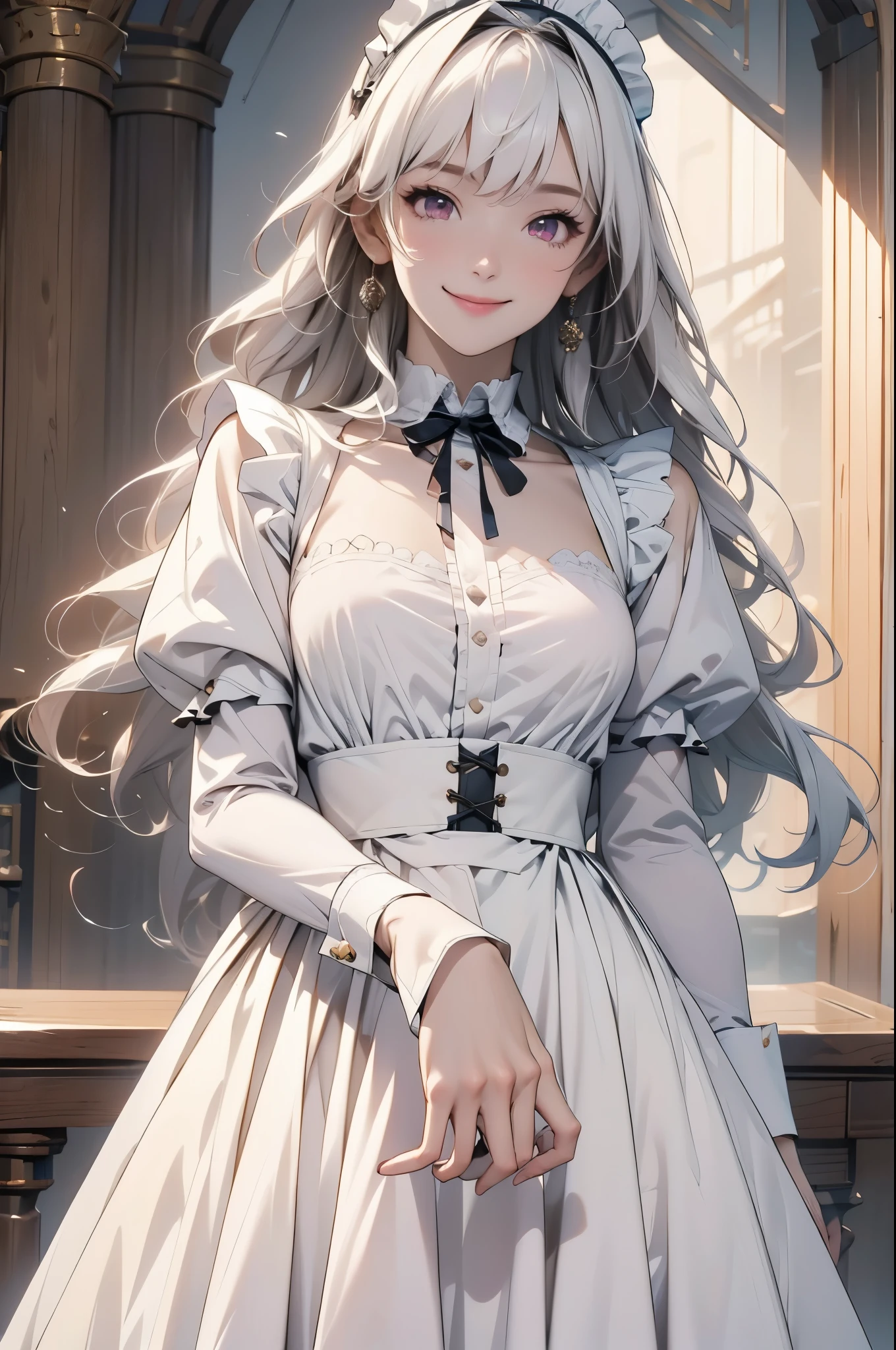 high resolution,smile,happy,light smile,woman,woman1人,adult,Clear,cute, blunt bangs,White Hair,BREAK, Pink eyes,BREAK,wavy hair,long hair,BREAK, ((looking at viewer)), Maid clothes,White apron,Black long sleeve blouse,Black long skirt,White Stockings,Frill headband,BREAK,Facing forward,BREAK,Pink background, BREAK,