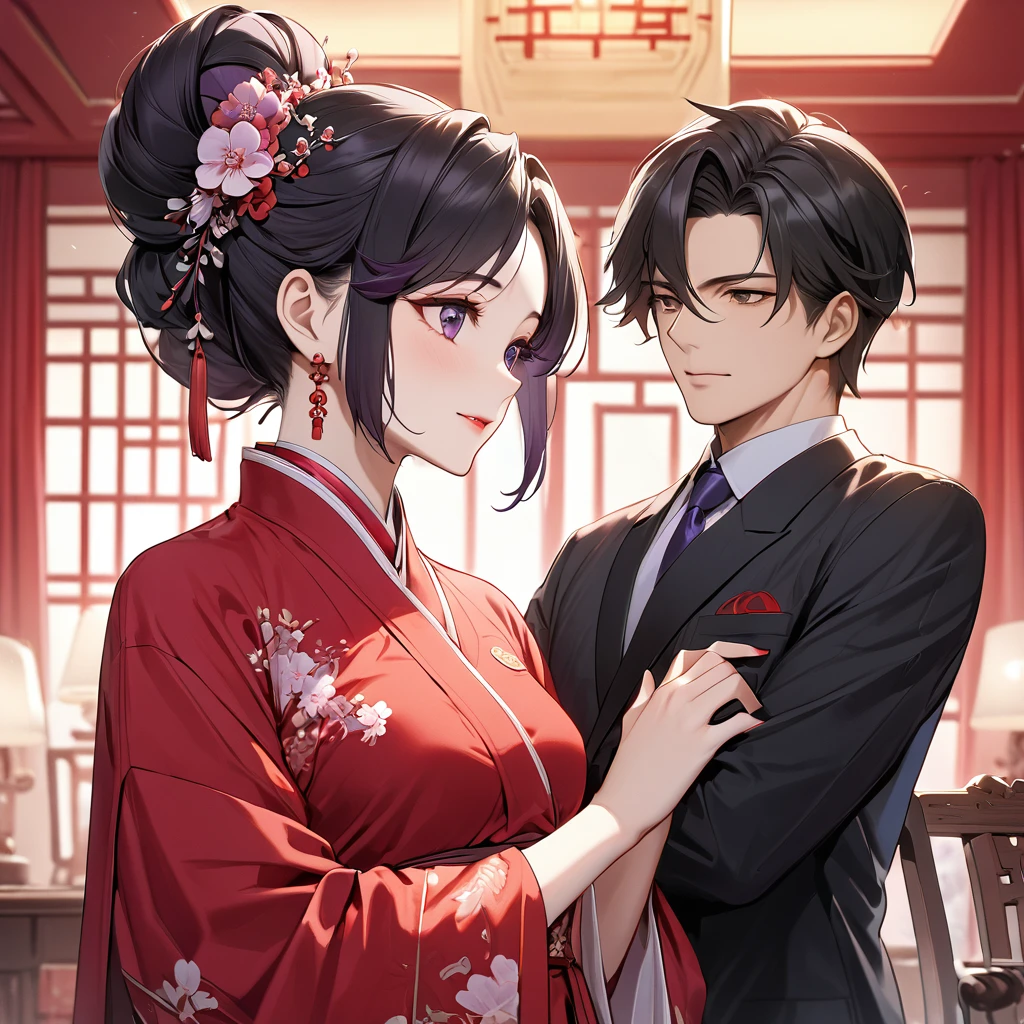((Highest quality)), ((masterpiece)), (detailed), （Perfect Face）、The woman is a Chinese woman named Kocho Shinobu.。, Purple gradient bob black hair and formal evening hairstyles. She is wearing an engagement ring. She is a prominent member of the Chinese Communist Party.、She is the honored wife of a great old Communist Party cadre.、The woman is beautifully dressed in the gorgeous and gorgeous red Hanfu that is typical of the Chinese Communist Party.、An elegant Chinese lady in a posh room、The woman is a wonderful Chinese lady who is a good wife and mother who loves and devotees herself to her husband, and her greatest joy is to devote herself to her husband and China.