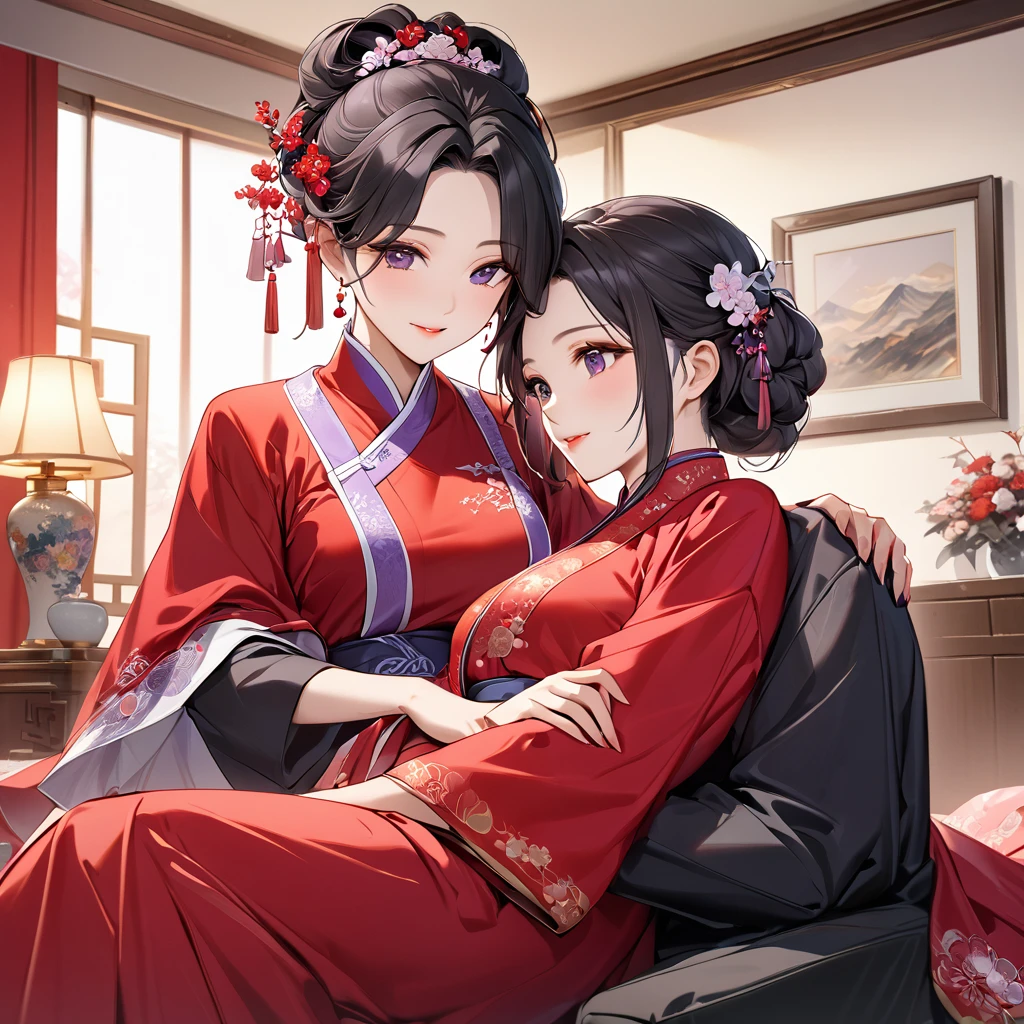 ((Highest quality)), ((masterpiece)), (detailed), （Perfect Face）、The woman is a Chinese woman named Kocho Shinobu.。, Purple gradient bob black hair and formal evening hairstyles. She is wearing an engagement ring. She is a prominent member of the Chinese Communist Party.、She is the honored wife of a great old Communist Party cadre.、The woman is beautifully dressed in the gorgeous and gorgeous red Hanfu that is typical of the Chinese Communist Party.、An elegant Chinese lady in a posh room、The woman is a wonderful Chinese lady who is a good wife and mother who loves and devotees herself to her husband, and her greatest joy is to devote herself to her husband and China.