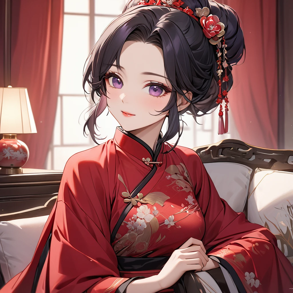 ((Highest quality)), ((masterpiece)), (detailed), (Perfect Face)、The woman is a Chinese woman named Kocho Shinobu.。, Purple gradient bob black hair and formal evening hairstyles. She is wearing an engagement ring. She is a prominent member of the Chinese Communist Party.、She is the honored wife of a great old Communist Party cadre.、The woman is beautifully dressed in the gorgeous and gorgeous red Hanfu that is typical of the Chinese Communist Party.、An elegant Chinese lady in a posh room、The woman is a wonderful Chinese lady who is a good wife and mother who loves and devotees herself to her husband, and her greatest joy is to devote herself to her husband and China.