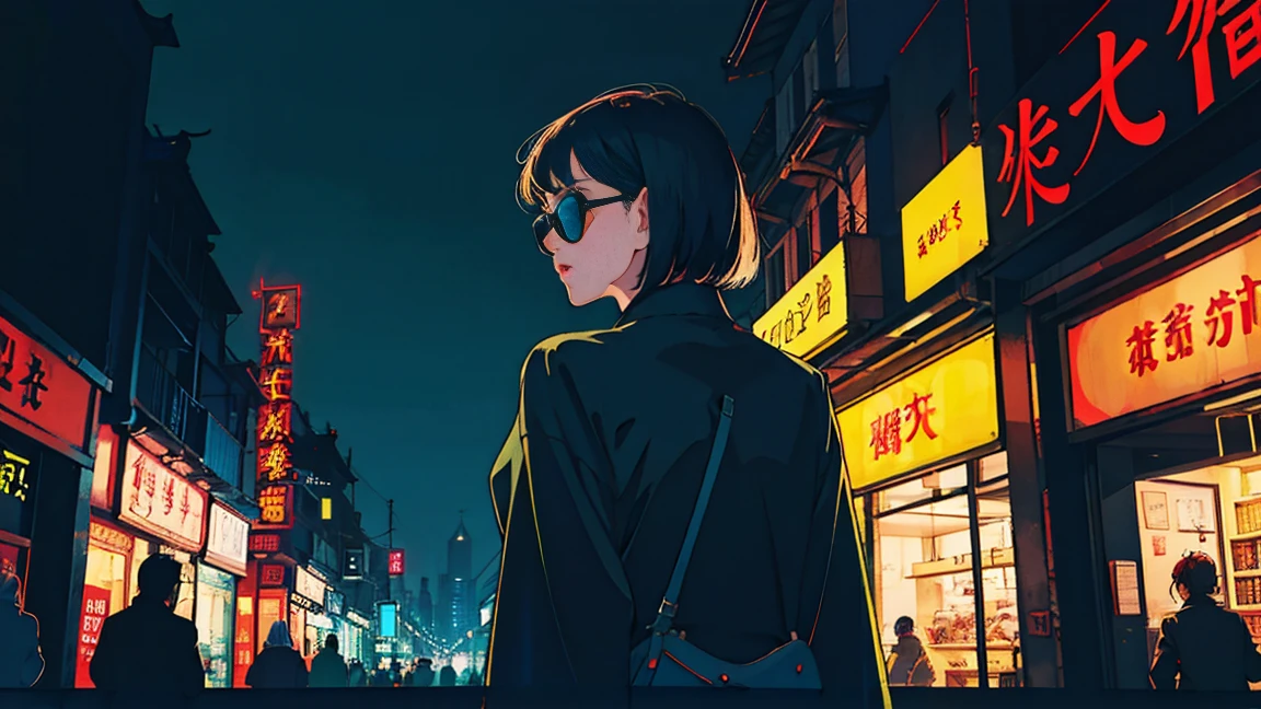 Beautiful blonde Asian girl sitting in a restaurant at night,, Visible from the window, Perfect Face, sunglasses, Smoking white Taylormade cigarettes, Neon Black, (Backlit: 1.1), Hard Shadows, masterpiece, Highest quality, Complex, Model shooting style, Vintage, Film Grain, Incomplete details