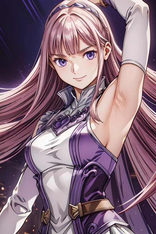 masterpiece, Highest quality, Adult female,Show me your armpits,Iris,European facial structure,,Very detailed,Also々Nice face,smile,white, pink, Purple adventurer uniform,Medieval Europe,Show me your armpits,Iris,Hero&#39;s dignity,tattoo,Cape,Legs seen through the skirt,Natural Beauty,Cinematic,Medium cleavage,Express joy,Medium Hair,View from the knee up,10.0,Spread your legs,
