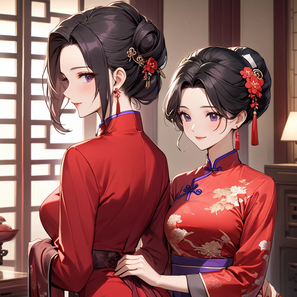 ((Highest quality)), ((masterpiece)), (detailed), (Perfect Face)、The woman is a Chinese woman named Kocho Shinobu.。, Purple gradient bob black hair and formal evening hairstyles. She is wearing an engagement ring. She is a prominent member of the Chinese Communist Party.、She is the honored wife of a great old Communist Party cadre.、The woman is beautifully dressed in a gorgeous and glamorous vintage red cheongsam, typical of the Chinese Communist Party.、An elegant Chinese lady in a posh room、The woman is a wonderful Chinese lady who is a good wife and mother who loves and devotees herself to her husband, and her greatest joy is to devote herself to her husband and China.