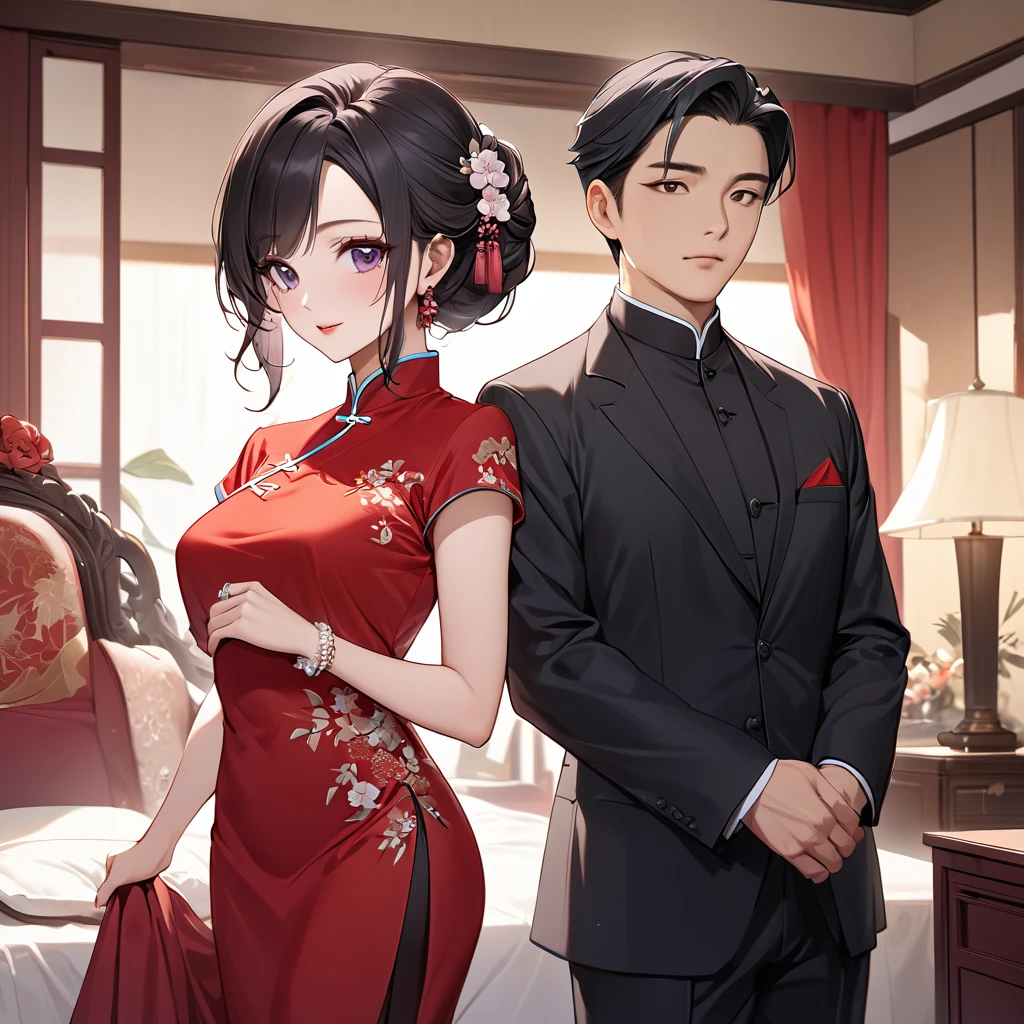 ((Highest quality)), ((masterpiece)), (detailed), (Perfect Face)、The woman is a Chinese woman named Kocho Shinobu.。, Purple gradient bob black hair and formal evening hairstyles. She is wearing an engagement ring. She is a prominent member of the Chinese Communist Party.、She is the honored wife of a great old Communist Party cadre.、The woman is beautifully dressed in a gorgeous and glamorous vintage red cheongsam, typical of the Chinese Communist Party.、An elegant Chinese lady in a posh room、The woman is a wonderful Chinese lady who is a good wife and mother who loves and devotees herself to her husband, and her greatest joy is to devote herself to her husband and China.