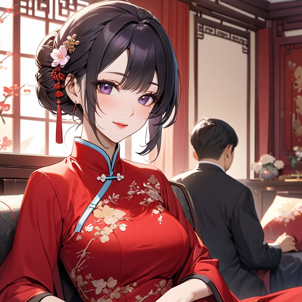 ((Highest quality)), ((masterpiece)), (detailed), (Perfect Face)、The woman is a Chinese woman named Kocho Shinobu.。, Purple gradient bob black hair and formal evening hairstyles. She is wearing an engagement ring. She is a prominent member of the Chinese Communist Party.、She is the honored wife of a great old Communist Party cadre.、The woman is beautifully dressed in a gorgeous and glamorous vintage red cheongsam, typical of the Chinese Communist Party.、An elegant Chinese lady in a posh room、The woman is a wonderful Chinese lady who is a good wife and mother who loves and devotees herself to her husband, and her greatest joy is to devote herself to her husband and China.