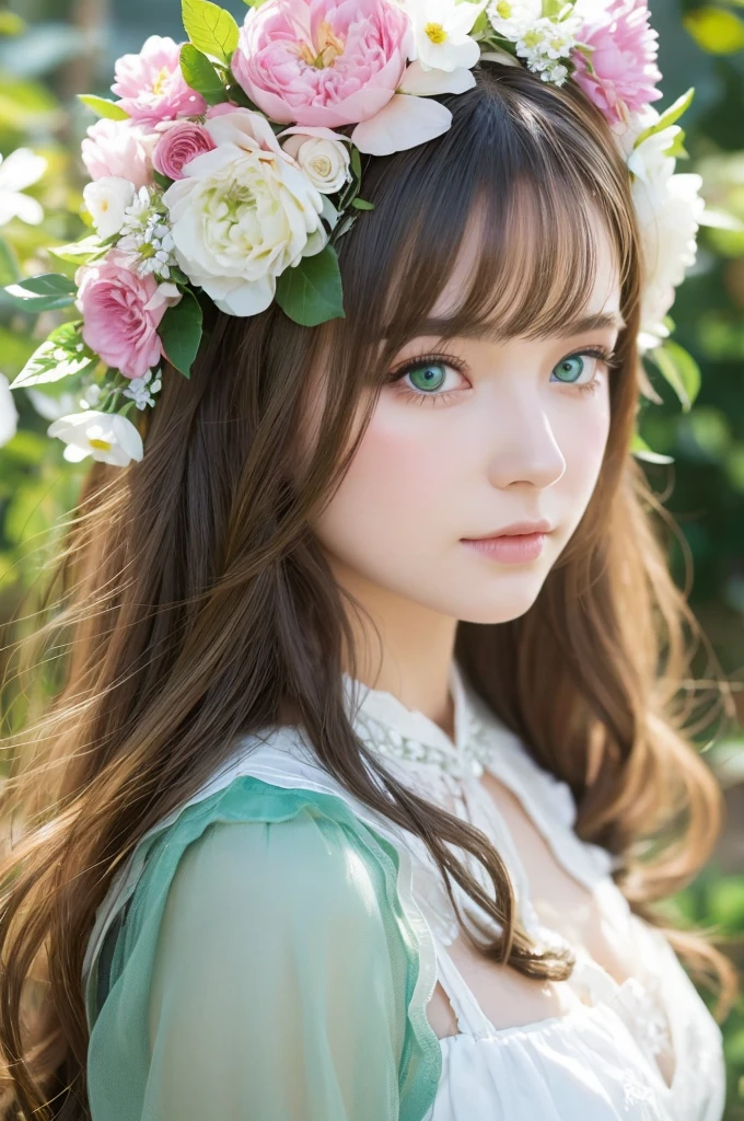 Aquamarine Hair、Green Eyes、Beautiful white woman with long hair dressed up in a flower garden with a flower decoration on her head