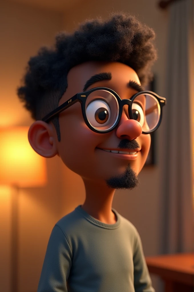 Cartoon character of a middle-aged black man with short hair and pinned behind with black glasses and a black shirt, animation character, Caractere estilizado, animation style rendering, 3D estilizado, Arnold Maya render, 3 d render stylized, toon render keyshot, Personagem 3D, Personagem 3D, 3d rendering stylized, 3 d character render, personagem de desenho animado, Personagem de close up, Pose de personagem, (Estilo Pixar) (master part:1.2) (Bokeh) (best quality) (pele negra detalhada) (textura detalhada) (8k) (argila) (Cinematic lighting) (foco nítido