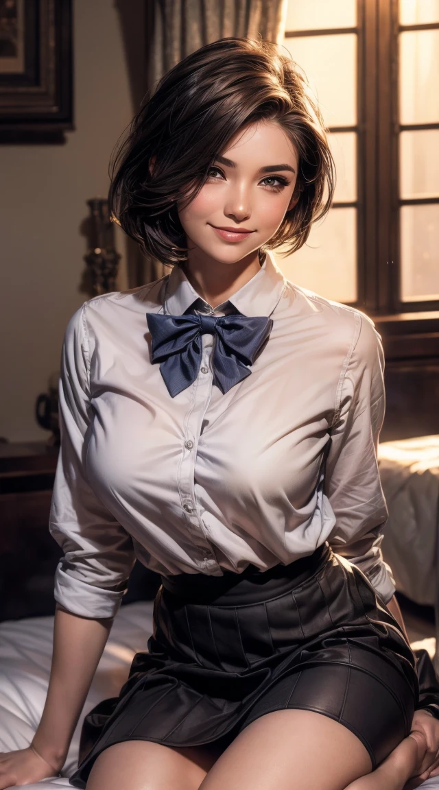 (8k, RAW photo, best quality, masterpiece:1.2), (realistic, photo-realistic:1.37), ultra-detailed,
1 girl,cute, solo,beautiful detailed sky,detailed cafe,night,sitting,dating,(nose blush),(smile:1.1),(closed mouth),large breasts, seductive smile, large aparture, professional lighting, Sony A7R4, Zessie 50mm F1.8,
medium breasts,beautiful detailed eyes,(collared shirt:1.1), bowtie,pleated skirt,(short hair:1.2),floating hair