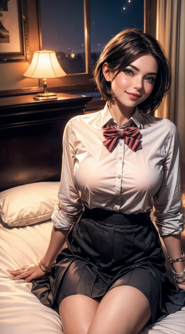 nude、(8k, RAW Photos, Highest quality, Master:1.2), (Realistic, photo-Realistic:1.37), Super detailed, 1 girl, cute, alone, Beautifully detailed skies, Detailed face, night, Sitting, Date, (blush), (smile: 1.1), (shut up), Big Breasts, Beautiful and delicate eyes, Button unbuttoned, (Collared shirt: 1.1), bow tie, Pleated skirt, (short hair: 1.2), Flowing Hair, Long eyelashes, eye shadow, Small face, Big eyes, Full Body Shot, Exposing shoulders, indoor, bed