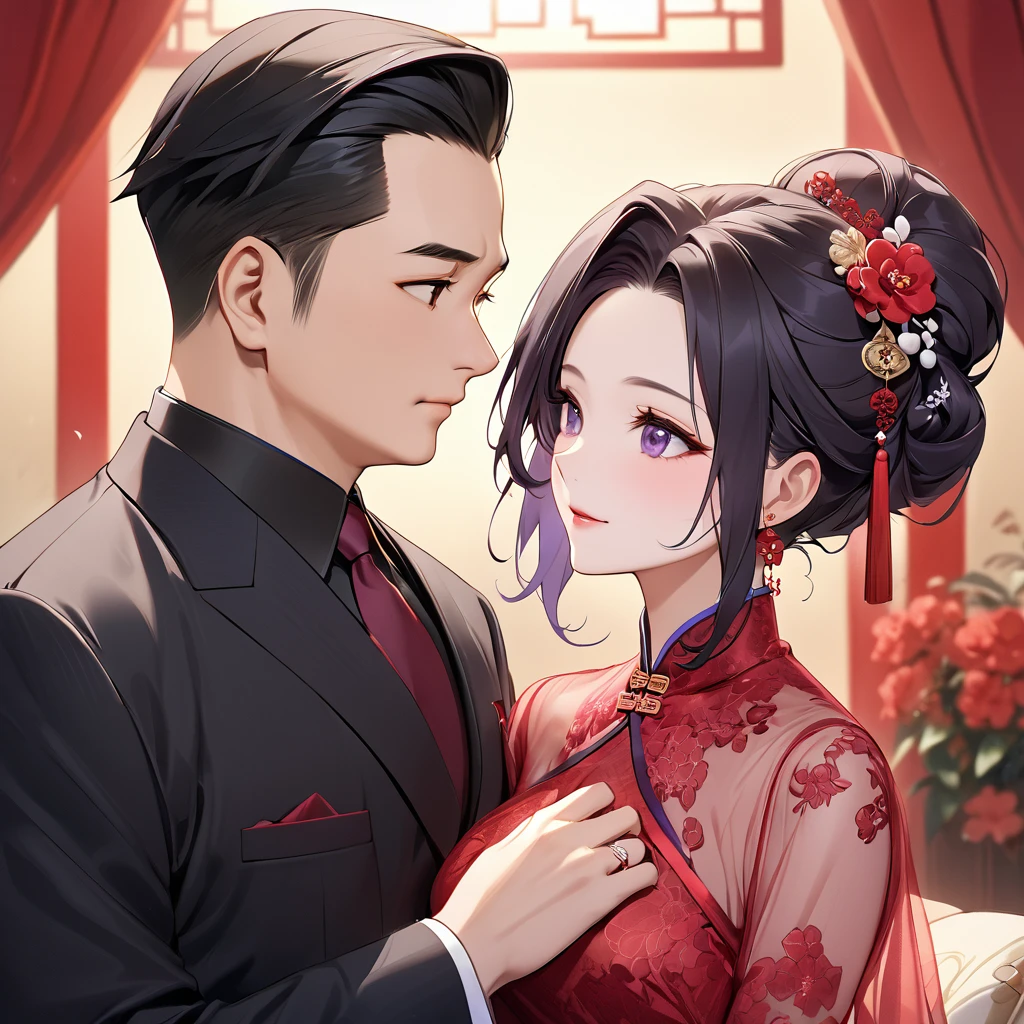 ((Highest quality)), ((masterpiece)), (detailed), (Perfect Face)、The woman is a Chinese woman named Kocho Shinobu.。, Purple gradient bob black hair and formal evening hairstyles. She is wearing an engagement ring. She is a prominent member of the Chinese Communist Party.、She is the honored wife of a great old Communist Party cadre.、The woman is beautifully dressed in a gorgeous, glamorous red see-through nightgown typical of the Chinese Communist Party.、An elegant Chinese lady in a posh room、The woman is a wonderful Chinese lady who is a good wife and mother who loves and devotees herself to her husband, and her greatest joy is to devote herself to her husband and China.