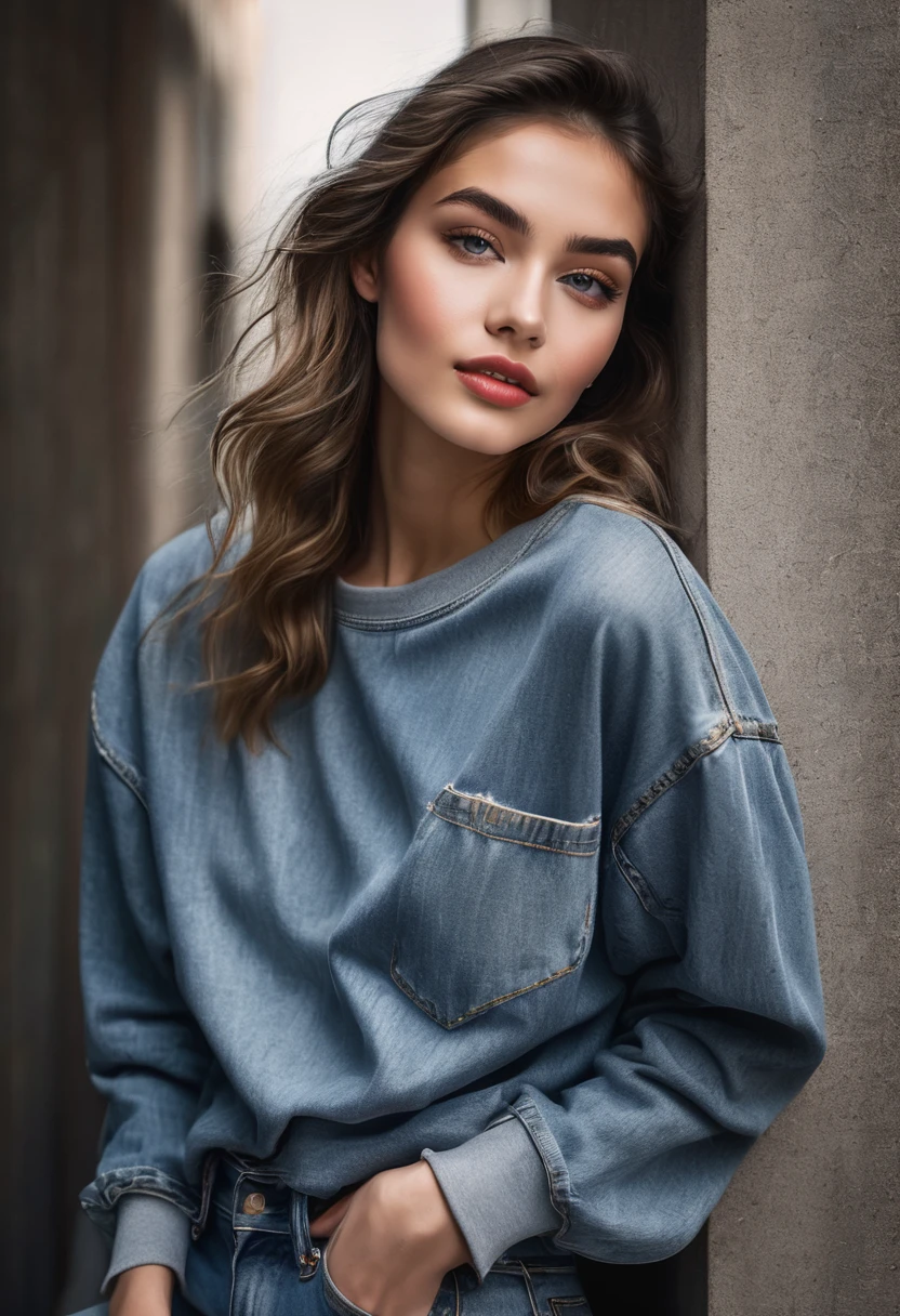 young woman,denim pants,sweatshirt, 20yrs old, detailed face, beautiful detailed eyes, beautiful detailed lips, high fashion, elegant, dramatic lighting, cinematic, smiling, high contrast, rich colors, vogue, editorial, (best quality,4k,8k,highres,masterpiece:1.2),ultra-detailed,(realistic,photorealistic,photo-realistic:1.37)