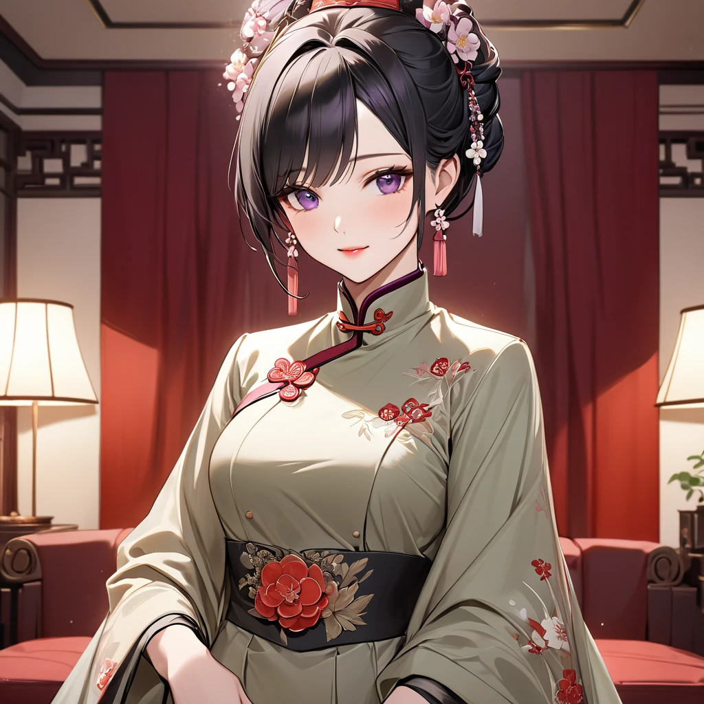 ((Highest quality)), ((masterpiece)), (detailed), （Perfect Face）、The woman is a Chinese woman named Kocho Shinobu.。, Purple gradient bob black hair and formal evening hairstyles. She is wearing an engagement ring. She is a prominent member of the Chinese Communist Party.、She is the honored wife of a great old Communist Party cadre.、Women are beautifully dressed in the khaki Mao suits of the Chinese Communist Party、An elegant Chinese lady in a posh room、The woman is a wonderful Chinese lady who is a good wife and mother who loves and devotees herself to her husband, and her greatest joy is to devote herself to her husband and China.