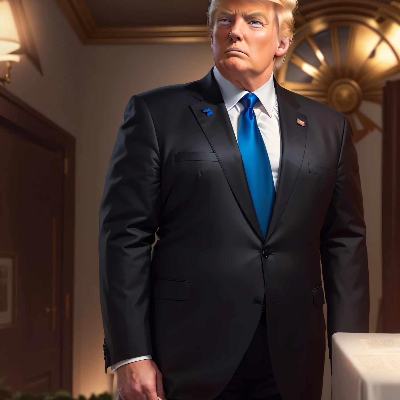 Image of man in suit standing next to table, president Donald trump, photo of Donald trump, Donald trump full body detailed, president, handsome Donald trump, Donald trump, Look directly at the camera, portrait of trump, Donald trump in animal crossing, portrait of Donald trump, Donald trump fortnite skin,