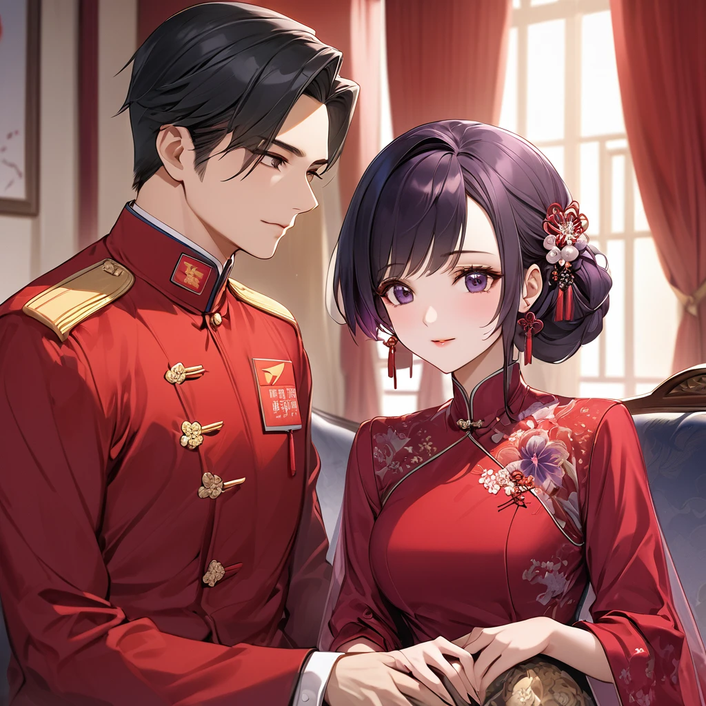 ((Highest quality)), ((masterpiece)), (detailed), (Perfect Face)、The woman is a Chinese woman named Kocho Shinobu.。, Purple gradient bob black hair and formal evening hairstyles. She is wearing an engagement ring. She is a prominent member of the Chinese Communist Party.、She is the honored wife of a great old Communist Party cadre.、The woman is beautifully dressed in a gorgeous red formal suit, typical of the Chinese Communist Party.、An elegant Chinese lady in a posh room、The woman is a wonderful Chinese lady who is a good wife and mother who loves and devotees herself to her husband, and her greatest joy is to devote herself to her husband and China.