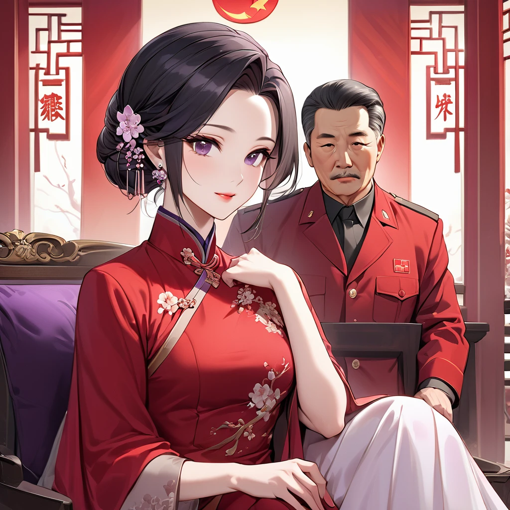 ((Highest quality)), ((masterpiece)), (detailed), (Perfect Face)、The woman is a Chinese woman named Kocho Shinobu.。, Purple gradient bob black hair and formal evening hairstyles. She is wearing an engagement ring. She is a prominent member of the Chinese Communist Party.、She is the honored wife of a great old Communist Party cadre.、The woman is beautifully dressed in a gorgeous red formal suit, typical of the Chinese Communist Party.、An elegant Chinese lady in a posh room、The woman is a wonderful Chinese lady who is a good wife and mother who loves and devotees herself to her husband, and her greatest joy is to devote herself to her husband and China.