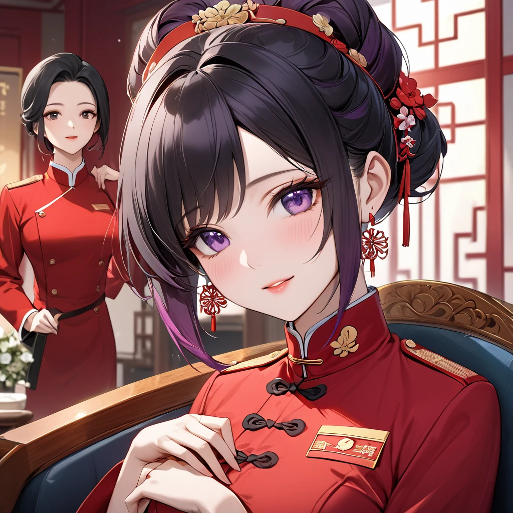 ((Highest quality)), ((masterpiece)), (detailed), (Perfect Face)、The woman is a Chinese woman named Kocho Shinobu.。, Purple gradient bob black hair and formal evening hairstyles. She is wearing an engagement ring. She is a prominent member of the Chinese Communist Party.、She is the honored wife of a great old Communist Party cadre.、The woman is beautifully dressed in the gorgeous and glamorous red Communist Party uniform that is typical of the Chinese Communist Party.、An elegant Chinese lady in a posh room、The woman is a wonderful Chinese lady who is a good wife and mother who loves and devotees herself to her husband, and her greatest joy is to devote herself to her husband and China.