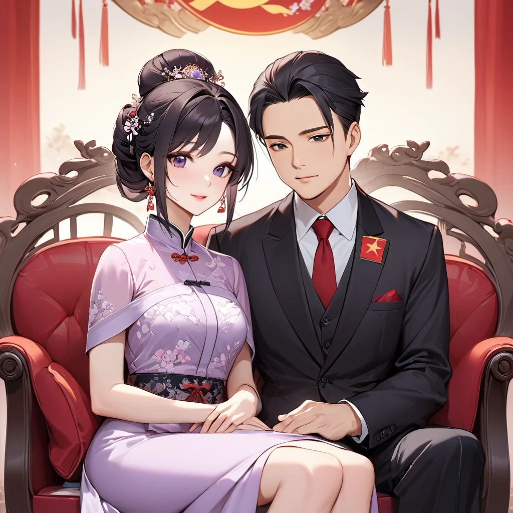 ((Highest quality)), ((masterpiece)), (detailed), (Perfect Face)、The woman is a Chinese woman named Kocho Shinobu.。, Purple gradient bob black hair and formal evening hairstyles. She is wearing an engagement ring. She is a prominent member of the Chinese Communist Party.、She is the honored wife of a great old Communist Party cadre.、The woman is beautifully dressed in the gorgeous and glamorous red Communist Party uniform that is typical of the Chinese Communist Party.、An elegant Chinese lady in a posh room、The woman is a wonderful Chinese lady who is a good wife and mother who loves and devotees herself to her husband, and her greatest joy is to devote herself to her husband and China.