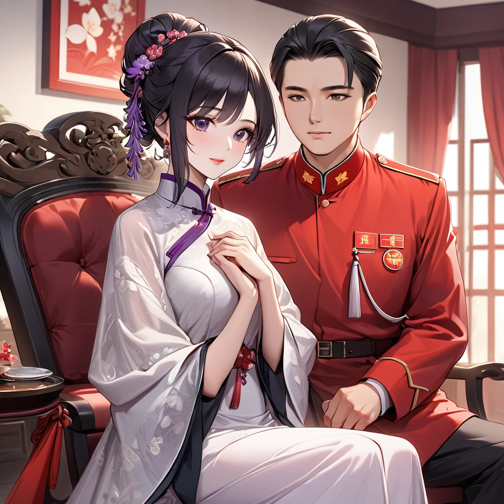 ((Highest quality)), ((masterpiece)), (detailed), （Perfect Face）、The woman is a Chinese woman named Kocho Shinobu.。, Purple gradient bob black hair and formal evening hairstyles. She is wearing an engagement ring. She is a prominent member of the Chinese Communist Party.、She is the honored wife of a great old Communist Party cadre.、The woman is beautifully dressed in the gorgeous and glamorous red Communist Party uniform that is typical of the Chinese Communist Party.、An elegant Chinese lady in a posh room、The woman is a wonderful Chinese lady who is a good wife and mother who loves and devotees herself to her husband, and her greatest joy is to devote herself to her husband and China.