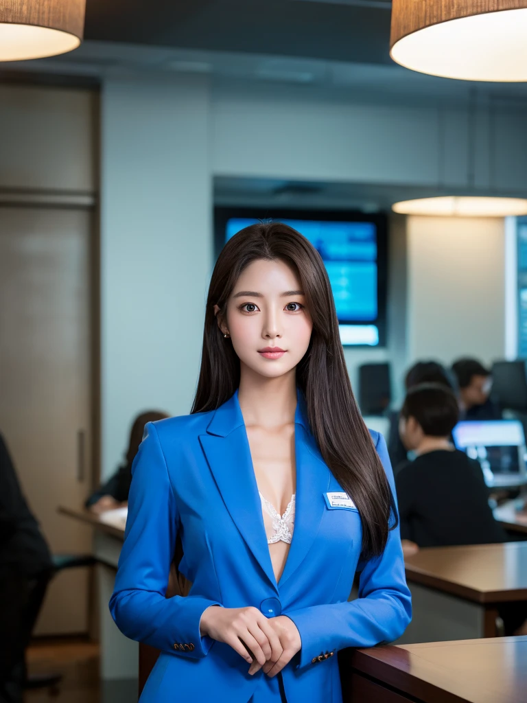 In manhwa style A South Korean half Chinese woman in her 28s. Her hair is long in a black - blue color. Her face is oval and marked by her large brown eyes, which carry a cold, unexpressive face. Her skin is radiant and clear, presenting an impeccable state of health and her curved lips. Her body athletic and defined, with the most charming. She stands in her office at night with her back to the glassware, wearing a blazer black with top and social pants