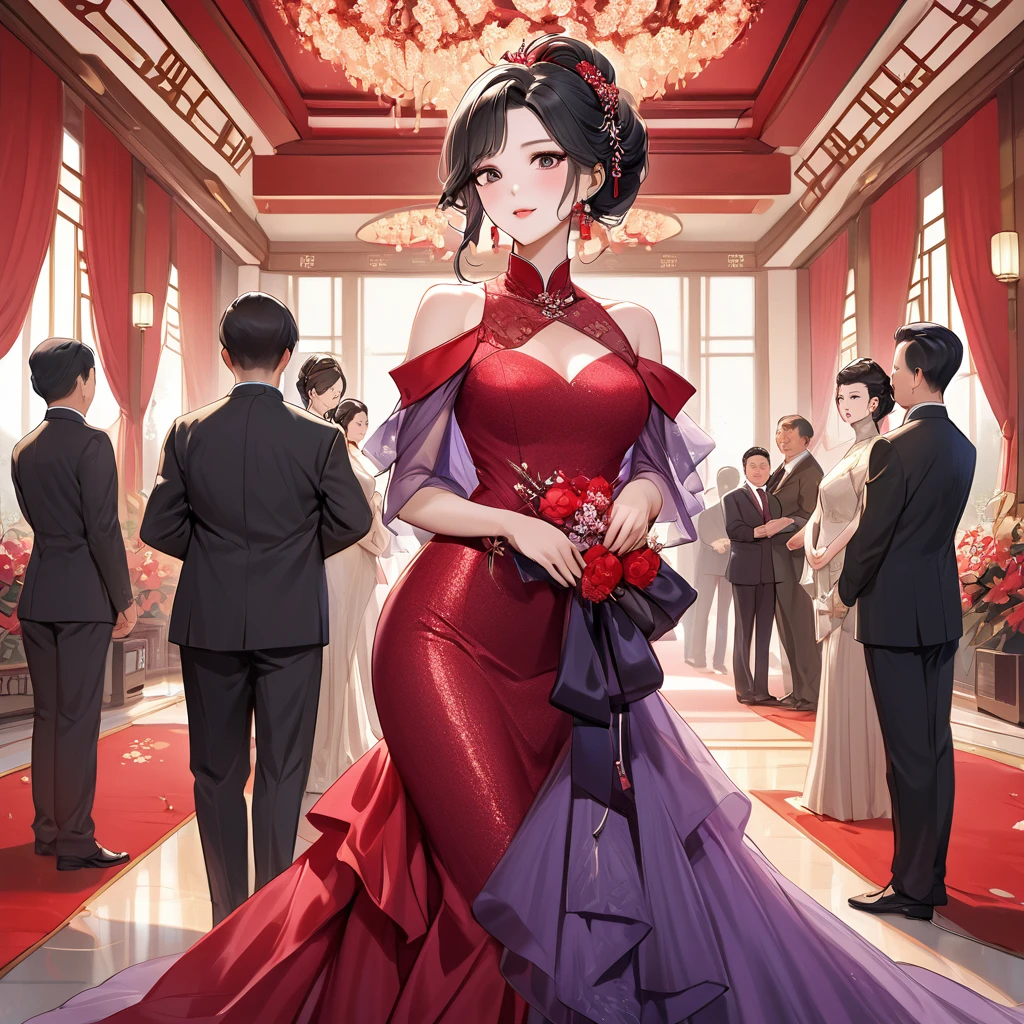 ((Highest quality)), ((masterpiece)), (detailed), (Perfect Face)、The woman is a Chinese woman named Kocho Shinobu.。, Purple gradient bob black hair and formal evening hairstyles. She is wearing an engagement ring. She is a prominent member of the Chinese Communist Party.、She is the wife of a great old Communist Party official.、The woman is beautifully dressed in a gorgeous red wedding dress typical of the Chinese Communist Party, and she loves her husband dearly and is happy to be his wife.、She was photographed alone at a wedding venue on a red carpet aisle.、The woman is the most gorgeous, most dazzling, most beautiful Chinese woman, and has been perfected as the bride of a Communist Party member of China.