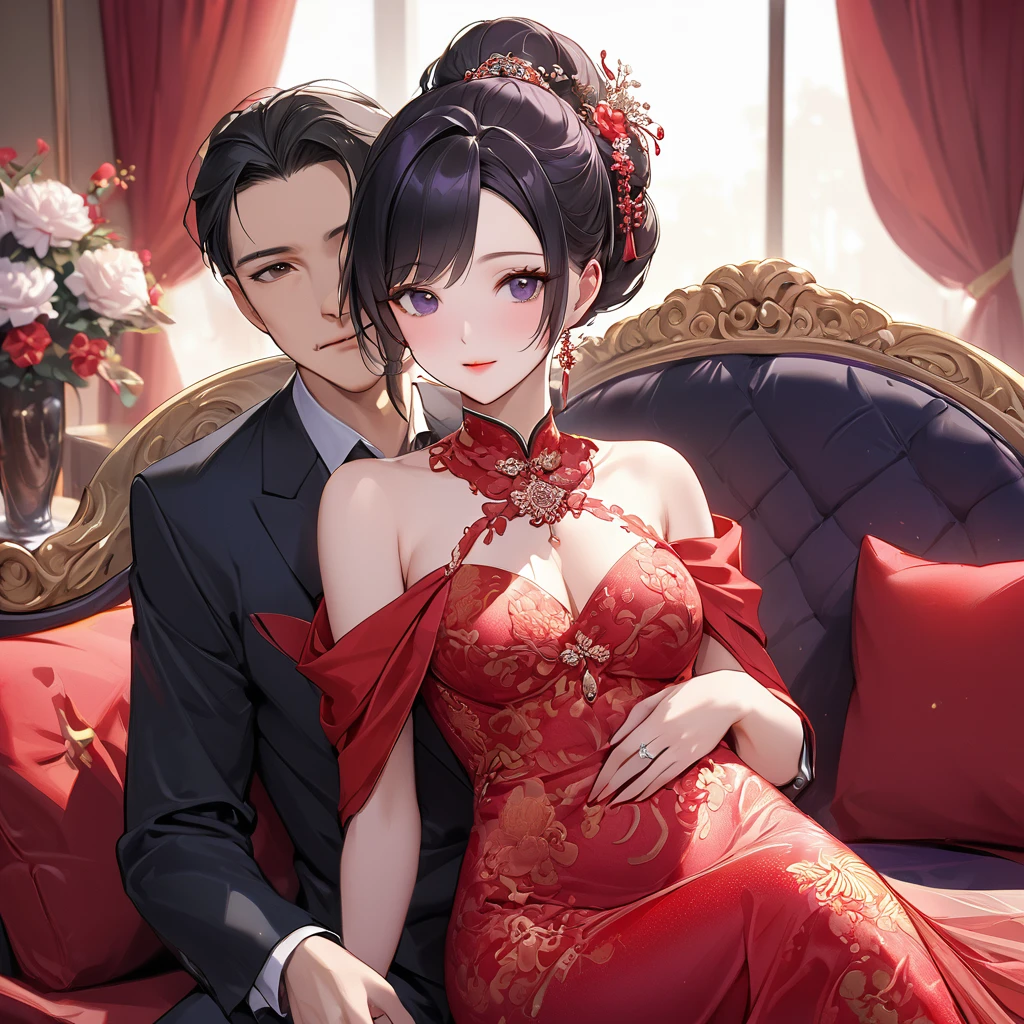 ((Highest quality)), ((masterpiece)), (detailed), (Perfect Face)、The woman is a Chinese woman named Kocho Shinobu.。, Purple gradient bob black hair and formal evening hairstyles. She is wearing an engagement ring. She is a prominent member of the Chinese Communist Party.、She is the honored wife of a great old Communist Party cadre.、The woman is beautifully dressed in a gorgeous and glamorous red mermaid party dress、An elegant Chinese lady in a posh room、The woman is a wonderful Chinese lady who is a good wife and mother who loves and devotees herself to her husband, and her greatest joy is to devote herself to her husband and China.
