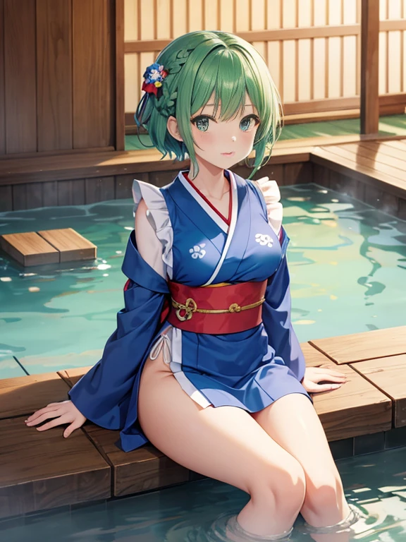 putting her legs in onsen,Kimono with arrowhead pattern,mini-skirted blue kimono,apron,anime girl with green hair and a ribbon in her short hair,side Braided Hair