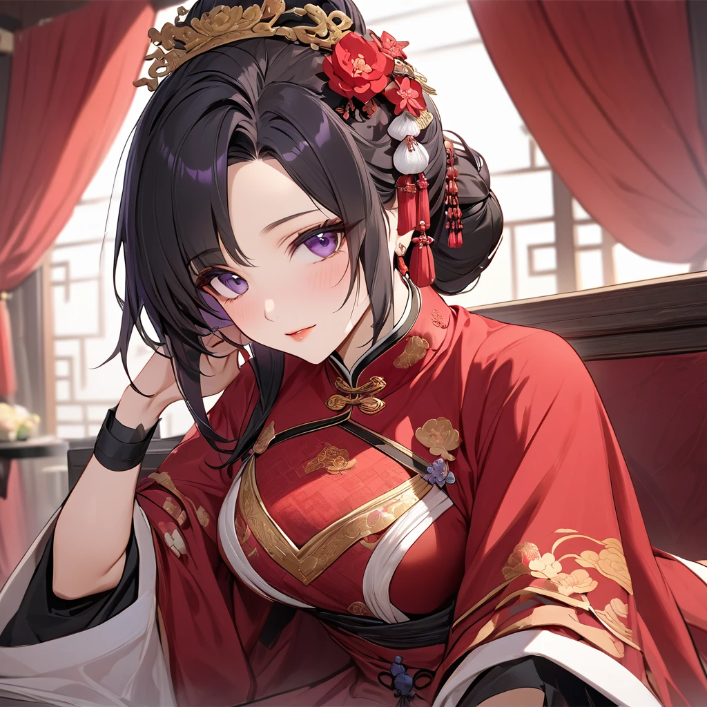 ((Highest quality)), ((masterpiece)), (detailed), （Perfect Face）、The woman is a Chinese woman named Kocho Shinobu.。, Purple gradient bob black hair and formal evening hairstyles. She is wearing an engagement ring. She is a prominent member of the Chinese Communist Party.、She is the honored wife of a great old Communist Party cadre.、A woman is beautifully dressed in a luxurious and gorgeous red ancient Chinese empress costume in ancient Chinese court attire、An elegant Chinese lady in a posh room、The woman is a wonderful Chinese lady who is a good wife and mother who loves and devotees herself to her husband, and her greatest joy is to devote herself to her husband and China.