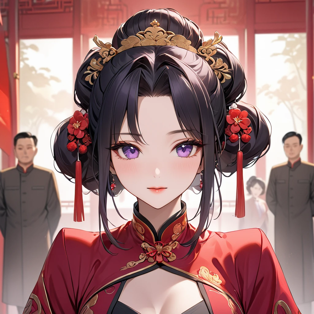 ((Highest quality)), ((masterpiece)), (detailed), (Perfect Face)、The woman is a Chinese woman named Kocho Shinobu.。, Purple gradient bob black hair and formal evening hairstyles. She is wearing an engagement ring. She is a prominent member of the Chinese Communist Party.、She is the honored wife of a great old Communist Party cadre.、A woman is beautifully dressed in a luxurious and gorgeous red ancient Chinese empress costume in ancient Chinese court attire、An elegant Chinese lady in a posh room、The woman is a wonderful Chinese lady who is a good wife and mother who loves and devotees herself to her husband, and her greatest joy is to devote herself to her husband and China.