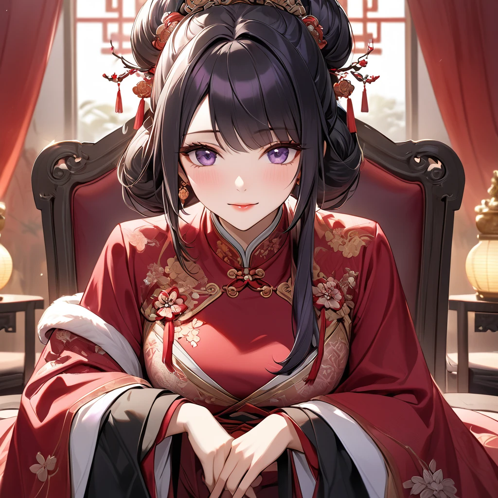 ((Highest quality)), ((masterpiece)), (detailed), (Perfect Face)、The woman is a Chinese woman named Kocho Shinobu.。, Purple gradient bob black hair and formal evening hairstyles. She is wearing an engagement ring. She is a prominent member of the Chinese Communist Party.、She is the honored wife of a great old Communist Party cadre.、A woman is beautifully dressed in a luxurious and gorgeous red ancient Chinese empress costume in ancient Chinese court attire、An elegant Chinese lady in a posh room、The woman is a wonderful Chinese lady who is a good wife and mother who loves and devotees herself to her husband, and her greatest joy is to devote herself to her husband and China.
