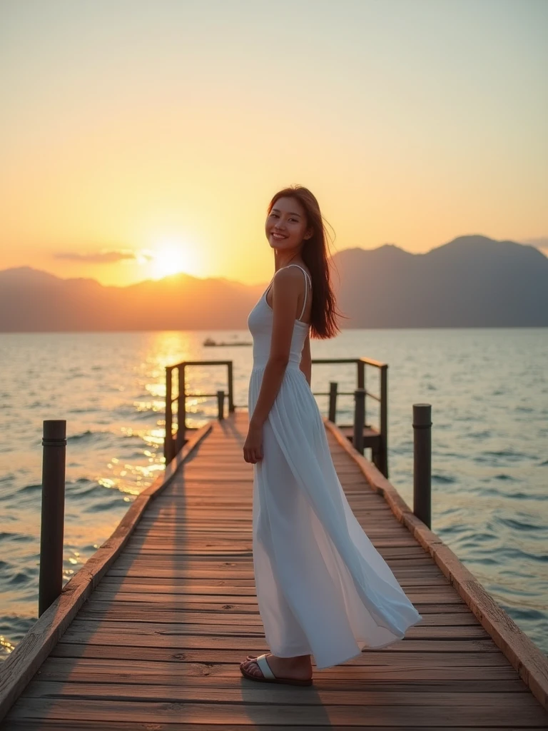 High quality, high resolution, best composition, photorealistic, wooden pier jutting into the sea, one beautiful young woman, standing at the end of the pier, looking straight ahead and smiling, young beautiful woman, stunning beauty, perfect proportions, long hair, straight hair, long white dress, skirt swaying in the wind, beautiful sea, distant mountains, summer sunset, sunset peeking over the mountains. beautiful sea,mountains in the distance,summer sunset,sunset peeking over the mountains.