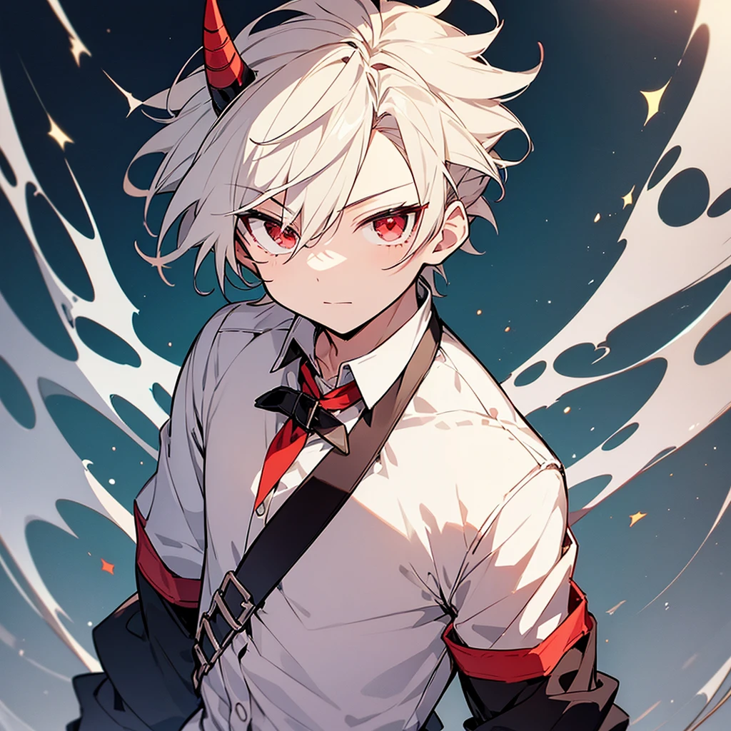 Boy version of Eri in my hero academia, he have white short hair with red eyes he is a 7 years old boy, he have a little horn on his right side of his head and he wear a simple white shirt with short and he is solo