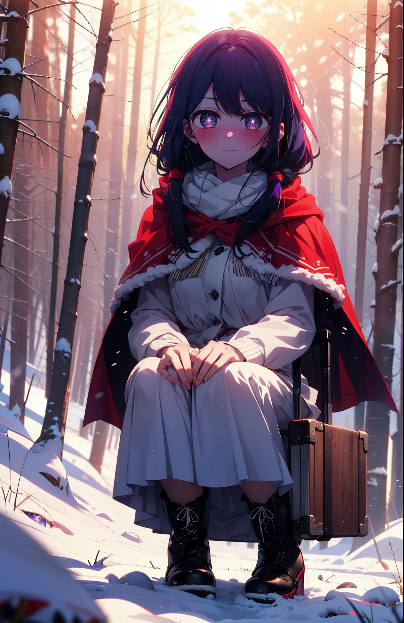 aihoshino, Ai Hoshino, Long Hair, bangs, (Purple eyes:1.1), Purple Hair, (Symbol-shaped pupil:1.5), smile,,smile,blush,white breath,
Open your mouth,snow,Ground bonfire, Outdoor, boots, snowing, From the side, wood, suitcase, Cape, Blurred, , forest, White handbag, nature,  Squat, Mouth closed, Cape, winter, Written boundary depth, Black shoes, red Cape break looking at viewer, Upper Body, whole body, break Outdoor, forest, nature, break (masterpiece:1.2), Highest quality, High resolution, unity 8k wallpaper, (shape:0.8), (Beautiful and beautiful eyes:1.6), Highly detailed face, Perfect lighting, Highly detailed CG, (Perfect hands, Perfect Anatomy),