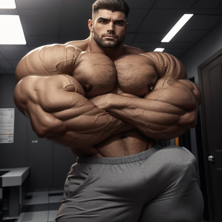 vlp, detailed skin
skin blemish, hyper growth, hyper muscles, a very handsome young man, big eyes, muscular, shirtless, wearing long gray pants, with arms crossed