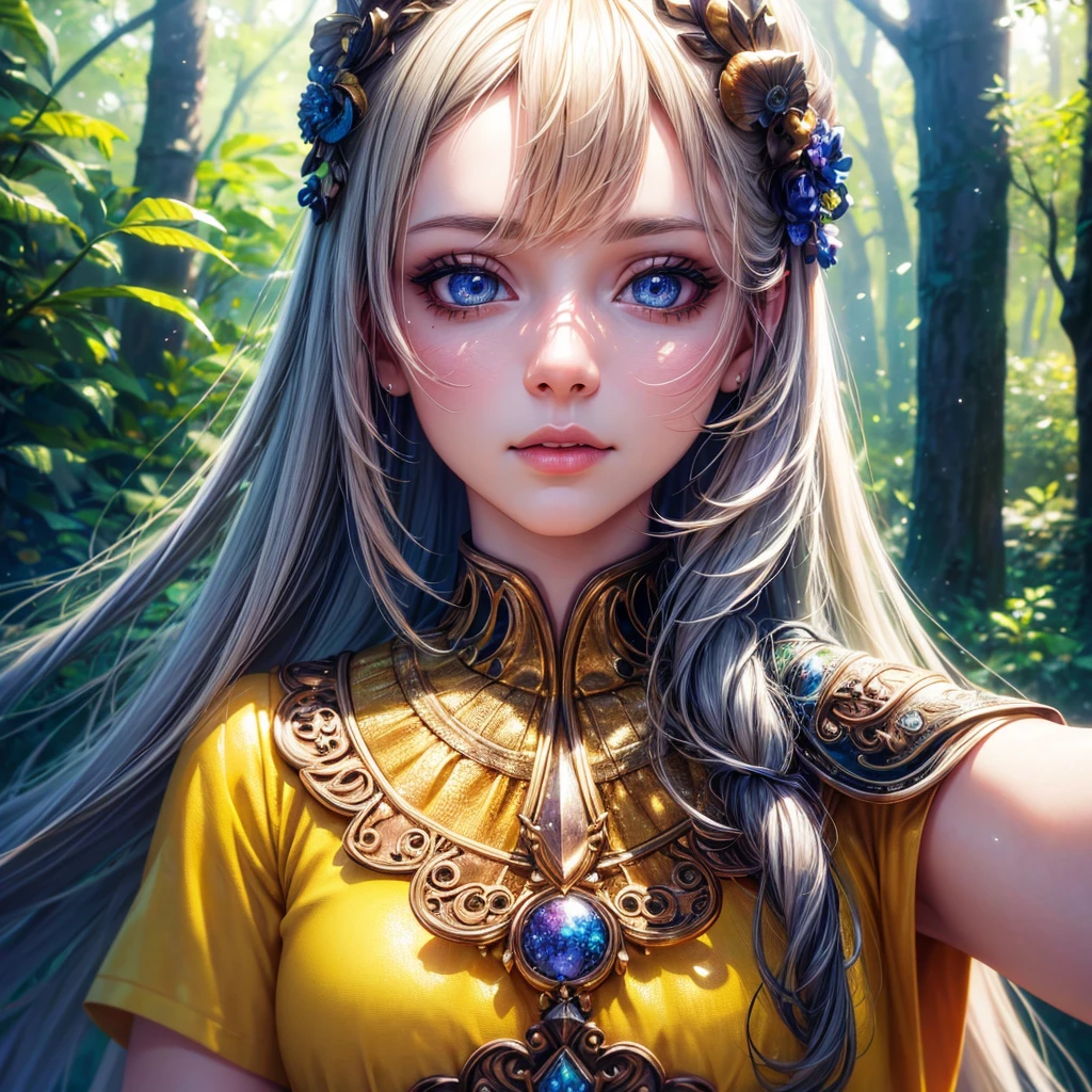 a girl in a yellow forest, wearing a summer t-shirt, (best quality,4k,8k,highres,masterpiece:1.2),ultra-detailed,(realistic,photorealistic,photo-realistic:1.37),HDR,UHD,studio lighting,ultra-fine painting,sharp focus,physically-based rendering,extreme detail description,professional,vivid colors,bokeh,detailed face,realistic portrait,beautiful detailed eyes,beautiful detailed lips,extremely detailed eyes and face,longeyelashes,bug effect,glowing highlights,fantasy,magical,surreal,colorful, front potrait, take a selfie, medium shot