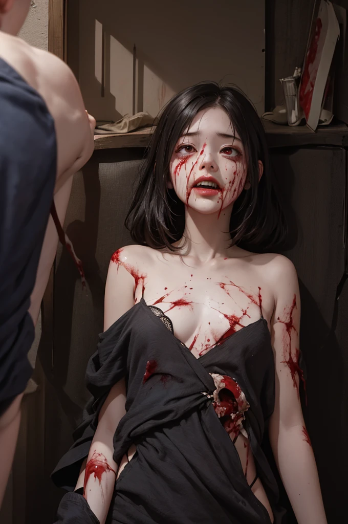 Highest quality, masterpiece, look up, cute,(Horror),(((少女の美しいzombie))),(zombie),(This girl is dead),(Being attacked),Trying to bite,(((Bleeding,Injured))),(((Shedding tears of blood))),((口からBleeding)),((Covered in blood)),(A body covered in wounds),((zombieに身体中を噛みつかれた)),((Sexy)),(sexy),((Small breasts)),(),(Middle scurbation))),((semen)),Beautiful Style,(((Lower body exposed))),((Pale skin)),(Sensual look),Sexy表情,Expressions of delight,Crazy Smile,((Ahegao)),(Dark atmosphere),(Dark atmosphere,fear),((Dim lighting))