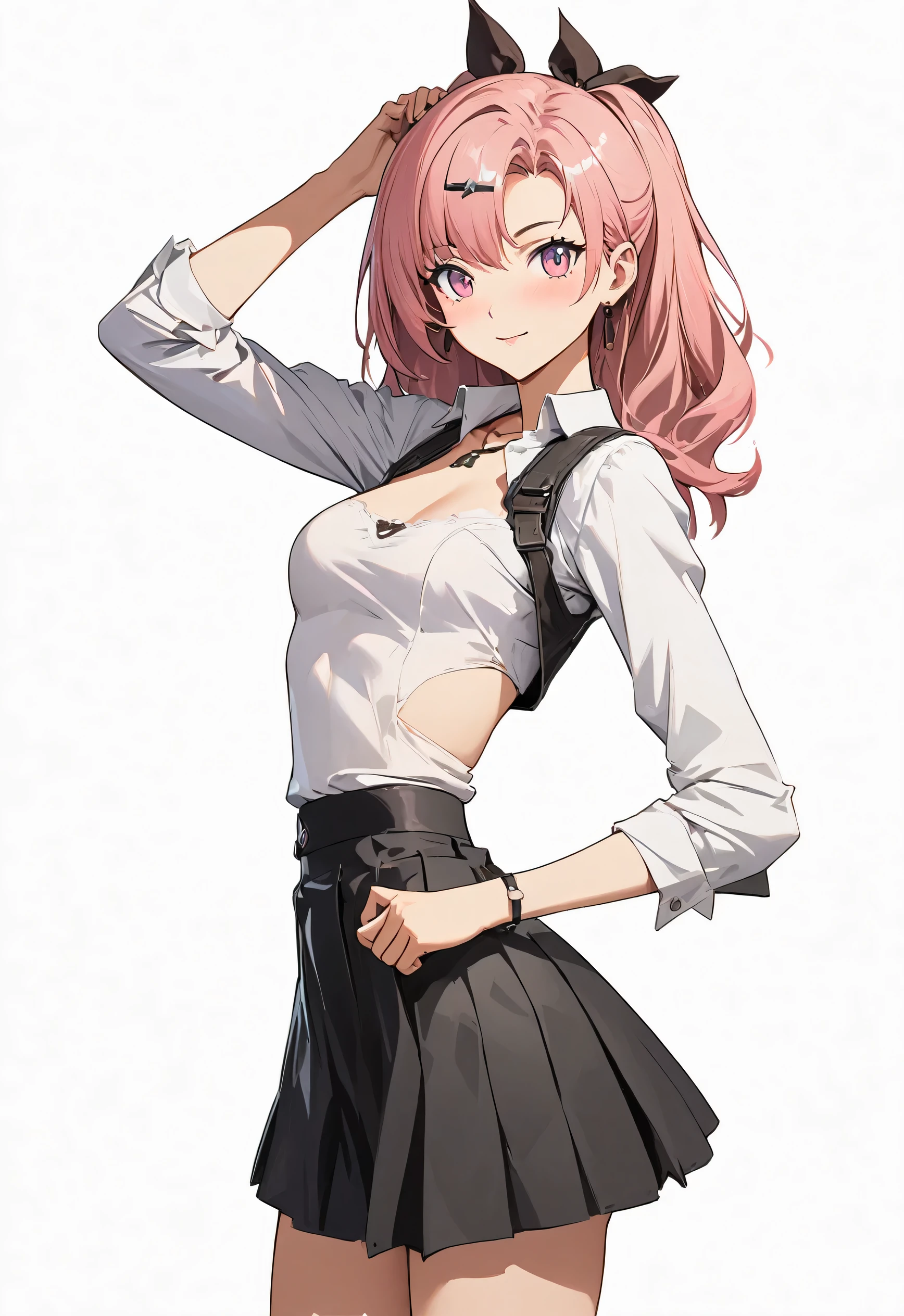 Anime style image of woman in skirt and shirt, Guvez on pixiv artstation, Guvez, Guvez on artstation pixiv, seductive anime girl, Popular topics on artstation pixiv, kushatkrentz women in critical art, Detailed anime character art, Smooth anime CG art, anime full body illustration,(Medium chest:1.3)