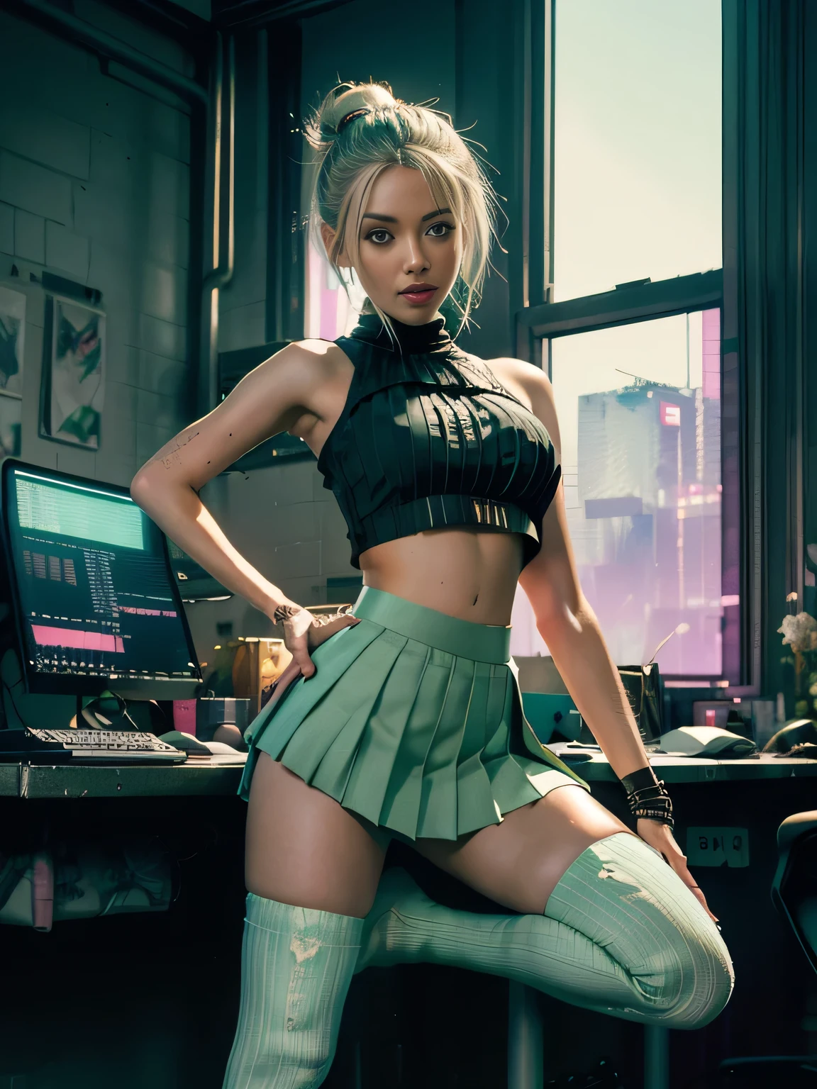 Amber Heard, White shiny skin, skinny body, smiling, dark, little light, Moonlight , ((Cyberpunk atmosphere)), soft light, desk light, pink and green clothes ((green knee socks on feet), (( posing in a short pleated skirt and crop top)), (((masterpiece))), Best quality, Detailed blue eyes, huge breasts , ))), lekolte