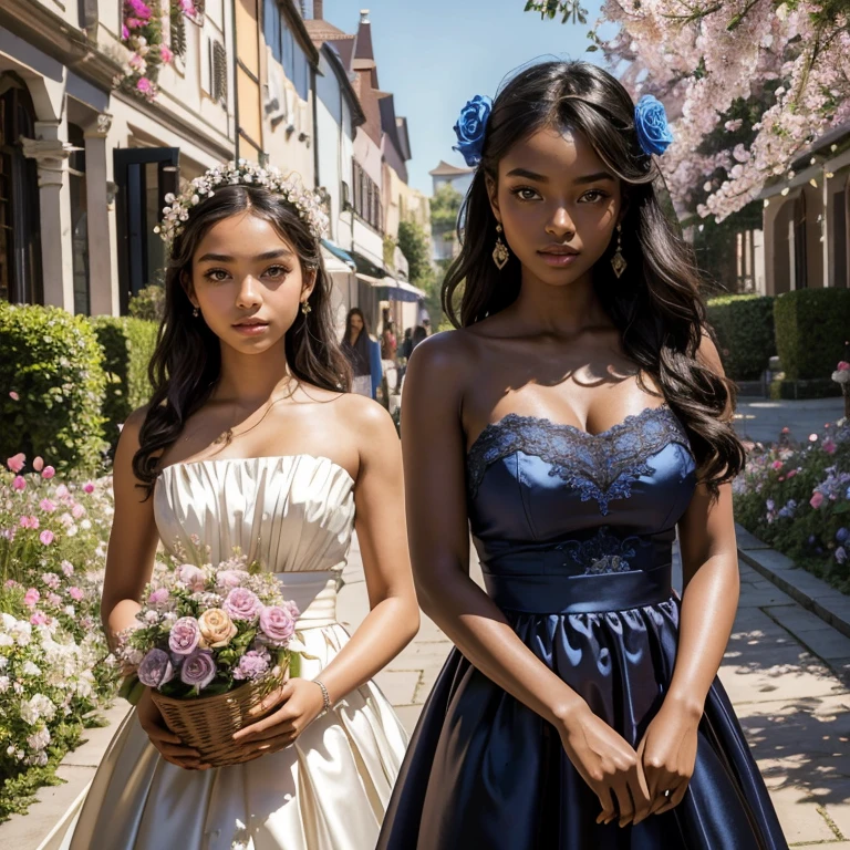 (masterpiece, best quality:1.5), highest quality, High resolution, super detailed, Realists, Upper body photo of an 18 year old black flower girl, dark skin, detailed and beautiful eyes, beautiful detailed lips, very detailed eyes and face, longeyelashes, 18-year-old woman in a blue short dress made of shiny satin fabric, Beautiful and colorful makeup, elegant and noble々Pose,shiny satin headband, grind, Holding flowers, Gardens as background, soft daylight, bright colors, fine brushstrokes, Portrait style, Noble details in the dress fabric, beautiful color palette, glowing skin, First-class rendering, that captures every detail, enchanting atmosphere, subtle shadows and lights, (perfect anatomy:1.2), (The two stunning 18-year-old flower girls carry baskets of rose petals. (magnificent panorama view:1.2)