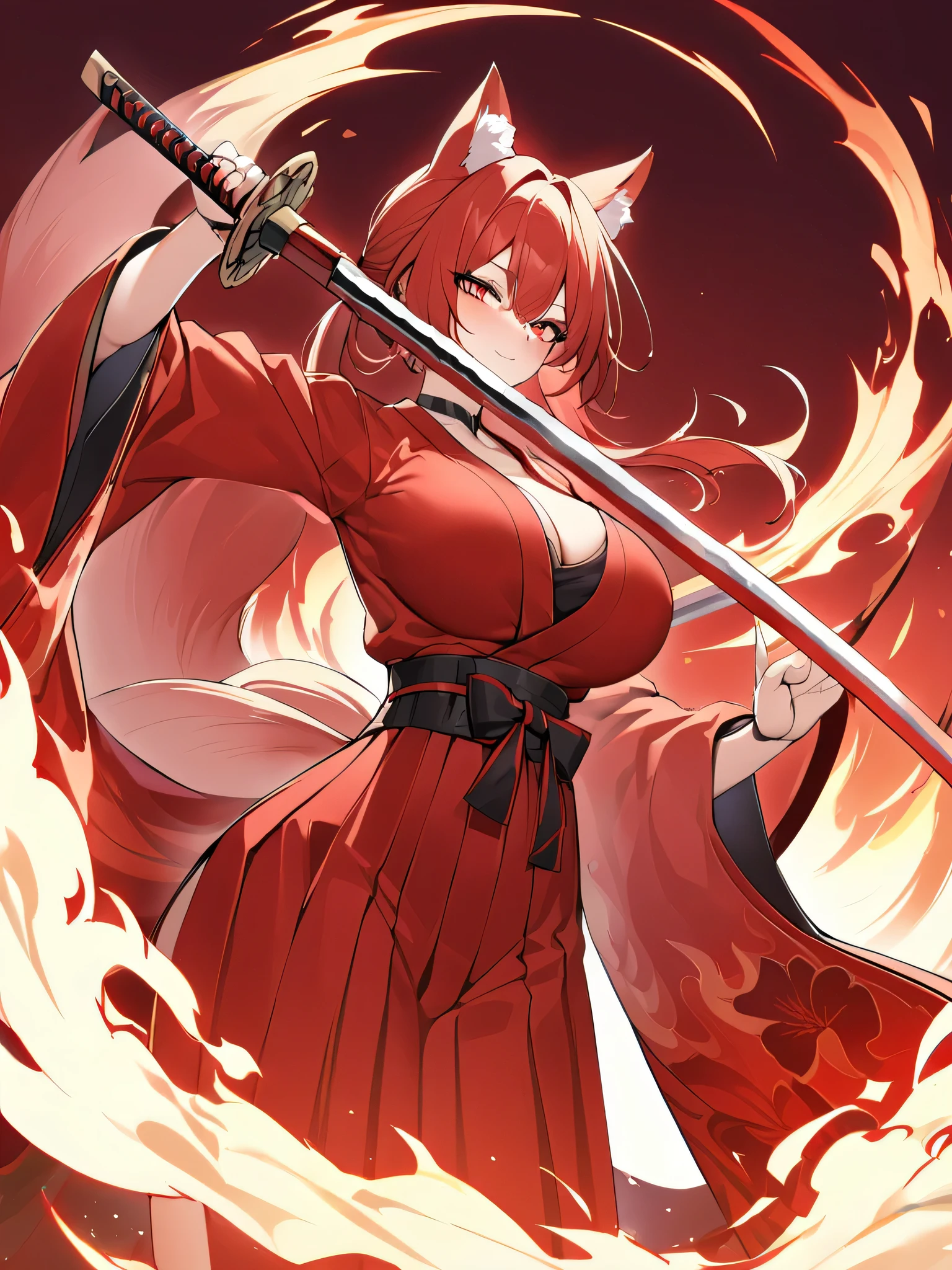 8K Best quality Best work Red long ponytail Red fox ears Nine fox tails Very large breasts Flaming Japanese sword Red jacket Long hakama Red eyeshadow on lower eyelids Red burning background Japanese style Samurai Flame hell Five fingers