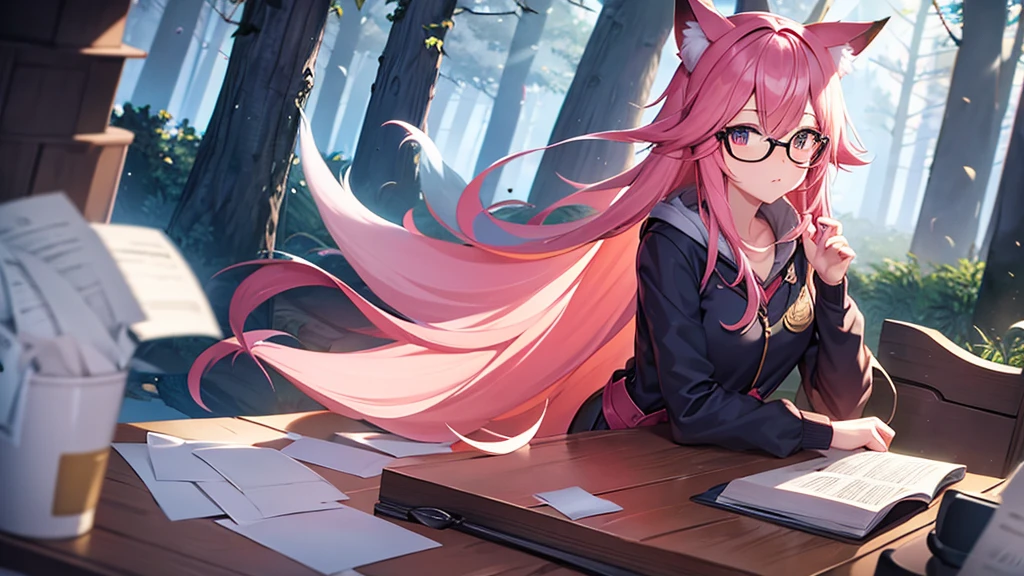fox , forest, papers, pink hair , long hair ,glasses 