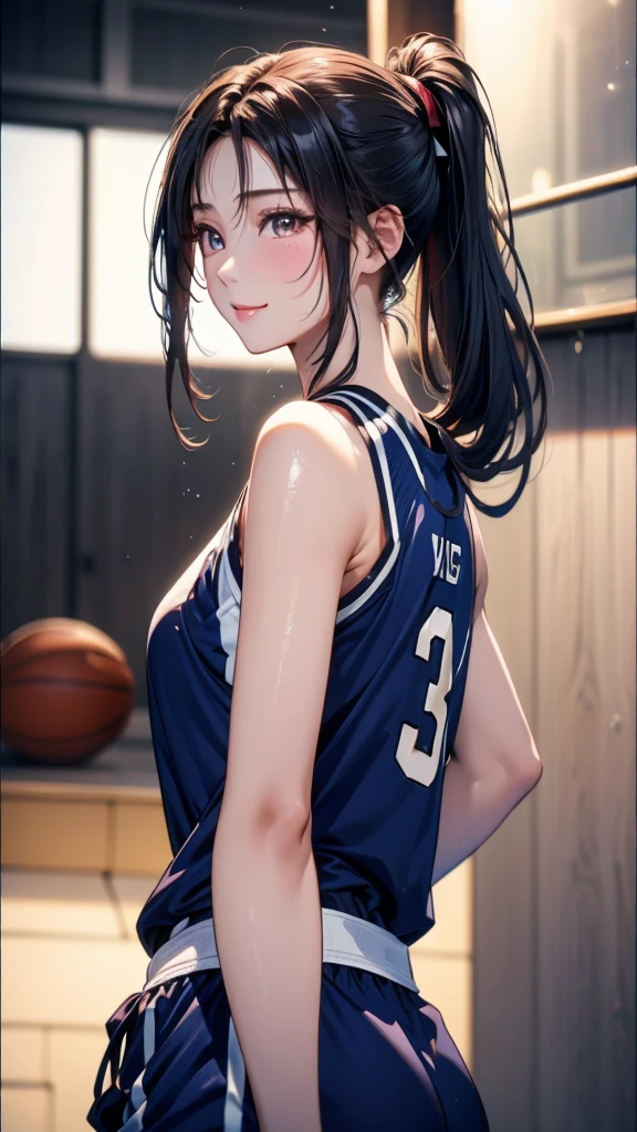 (masterpiece,Highest quality,Ultra-high resolution),Japanese women, (((Very beautiful 25 year old girl))), pretty girl、Look at the photographer、 ((Beautiful low ponytail)), Very cute face, Glossy Lips, Double eyelids on both eyes,Natural smile、 Natural Makeup, Long eyelashes, Shiny and smooth hair、Center image, Perfect limbs, Perfect Anatomy,(((Basketball Uniforms)))、(((Looking Back)),Wet with sweat,