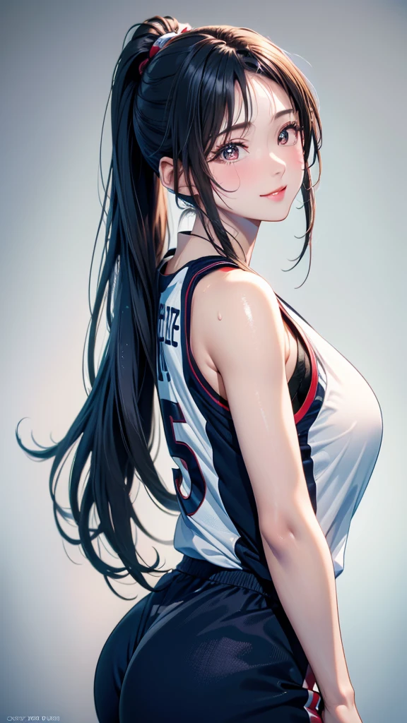 (masterpiece,Highest quality,Ultra-high resolution),Japanese women, (((Very beautiful 25 year old girl))), pretty girl、Look at the photographer、 ((Beautiful low ponytail)), Very cute face, Glossy Lips, Double eyelids on both eyes,Natural smile、 Natural Makeup, Long eyelashes, Shiny and smooth hair、Center image, Perfect limbs, Perfect Anatomy,(((Basketball Uniforms)))、(((Looking Back)),Wet with sweat,