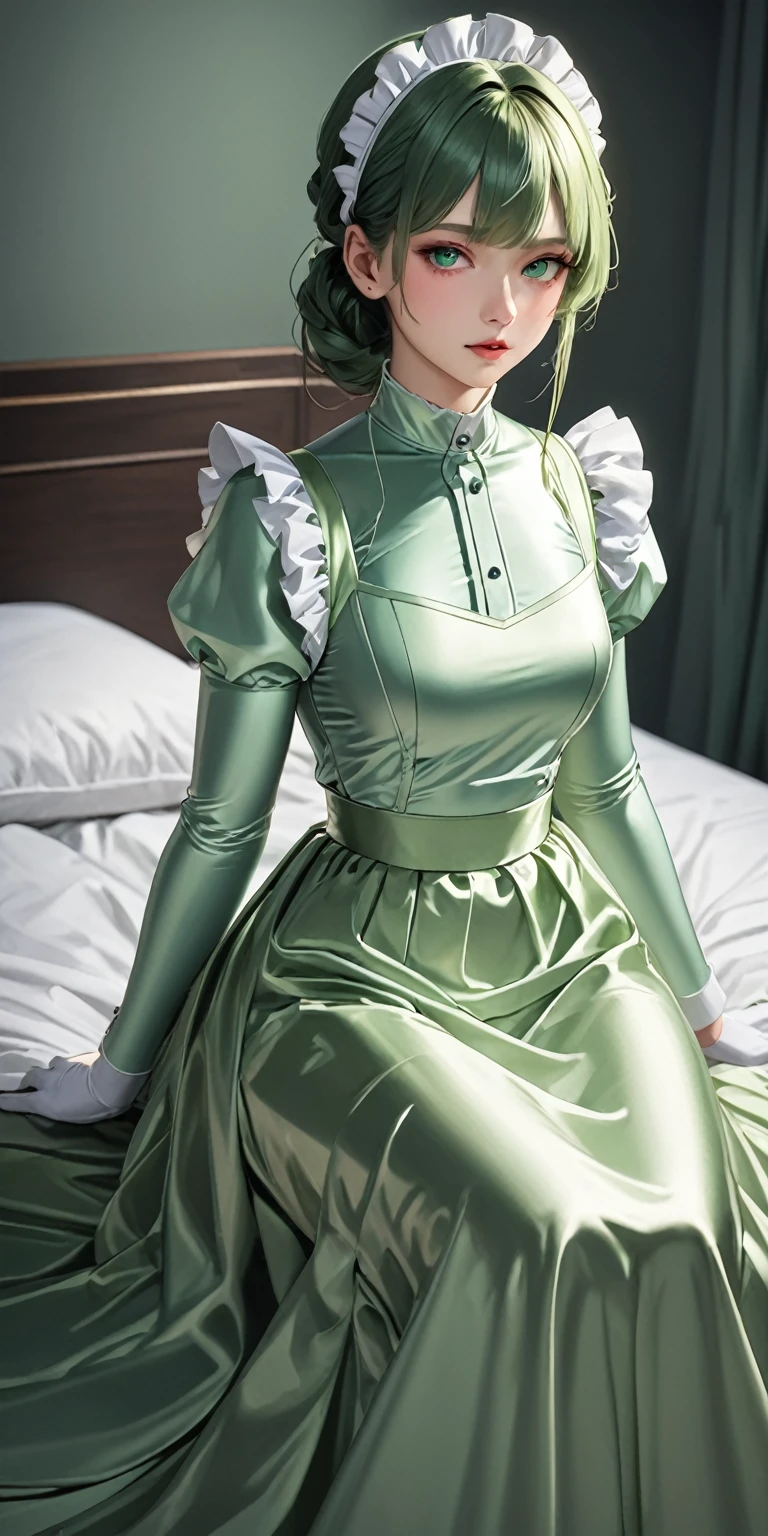 Portraiture、(masterpiece,Highest quality,Ultra-high resolution),Japanese women, (((Very beautiful 25 year old girl)))、(She is wearing a shiny light green satin long sleeve maid outfit..)、The dress has a simple design without any patterns...、(((A long skirt made of pale green satin.)))、Pale green satin gloves、((Pale green satin bodysuit))、Sitting on a bed in a dark room