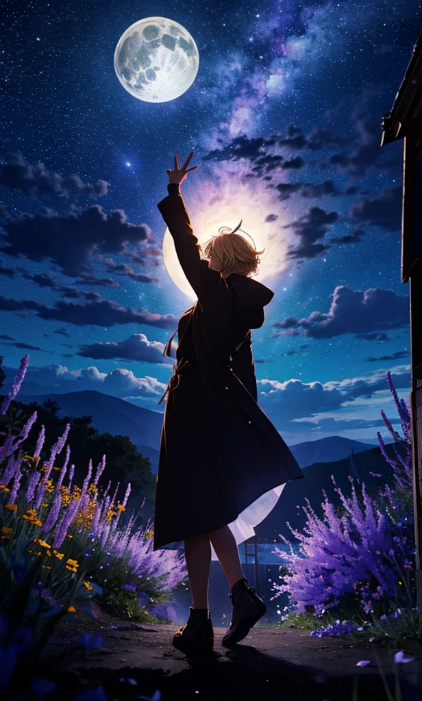 1people々々々々々々々々々々々々々々々々々々,Woman with medium length blonde hair,Fox Ears,Long coat,Takageta, Dress Silhouette, Rear View,Space Sky, Flower Field,Colorful flowers,Dancing Petals,full moon,shrine,
