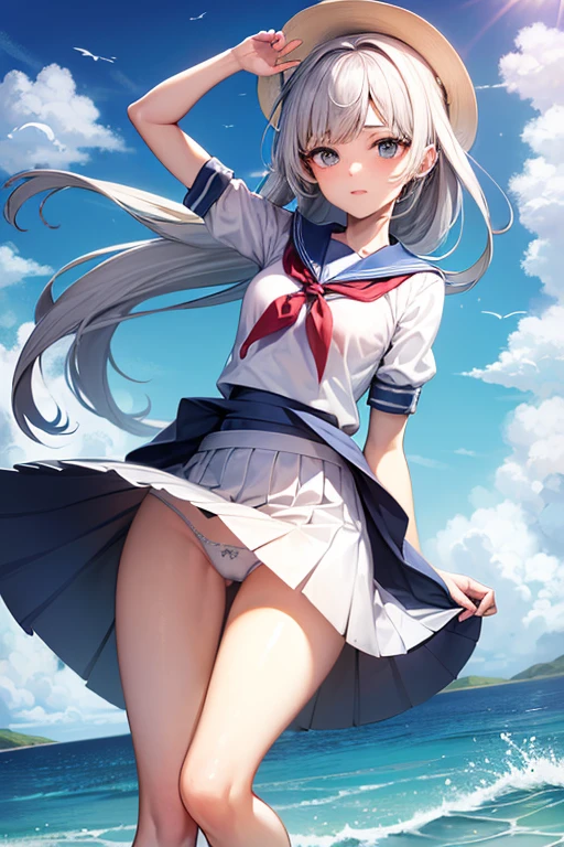 (master_piece, high_quality, beautiful, super delicate, absurdres:1.2), 1girl, mature, , beautiful face, ahoge, hair fluttering in the wind, white hair, blue eye, (long sailor suit, long skirt, The wind is blowing, Skirt flipped up, I can see your underwear, skirt that flipped in the wind, skirt billowing, I can see your underwear, wind lift:1.2), port, (clear water, gemstone sea:1.2), Ship in the distance, The trails that planes make, blue sky, Sunshine, street in the distance,